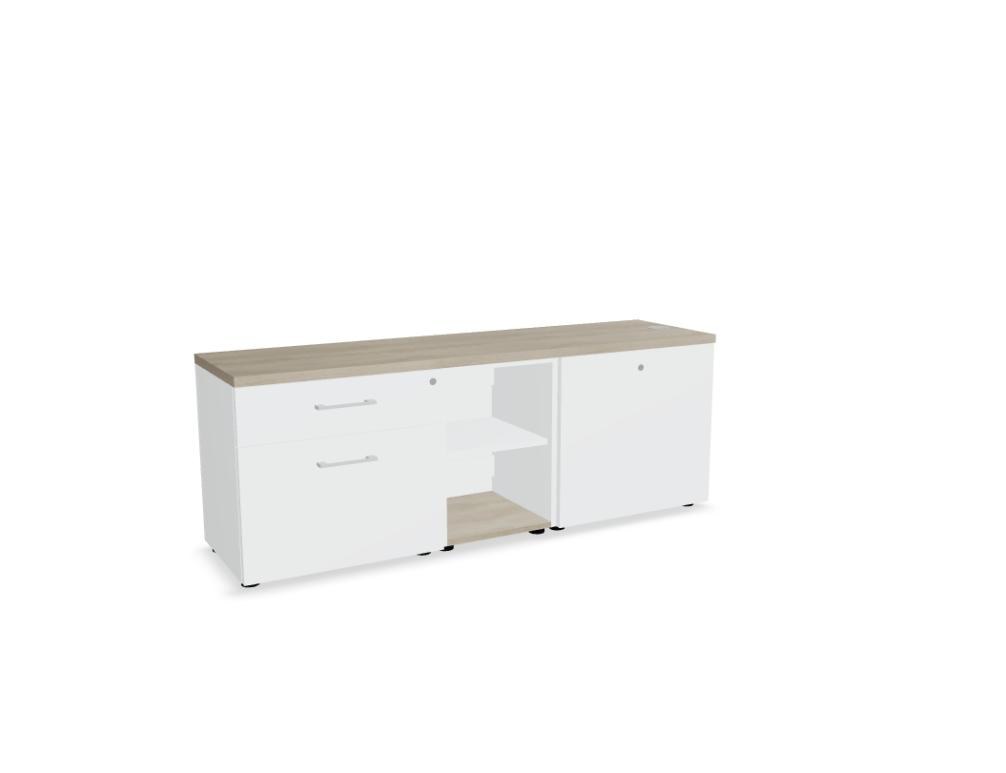 Chefzimmerschrank Standard von Mdd in Weiss Pastell mit Front in Eiche Natur, Schubladen und offenen Regalfächern aus Melaminplatte.