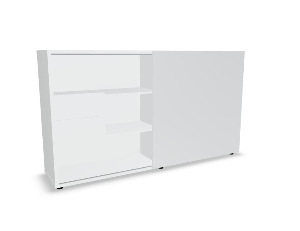 Chefzimmerschrank Standard von Mdd in Weiss Pastell mit Front in Eiche Natur, Schubladen und offenen Regalfächern aus Melaminplatte.