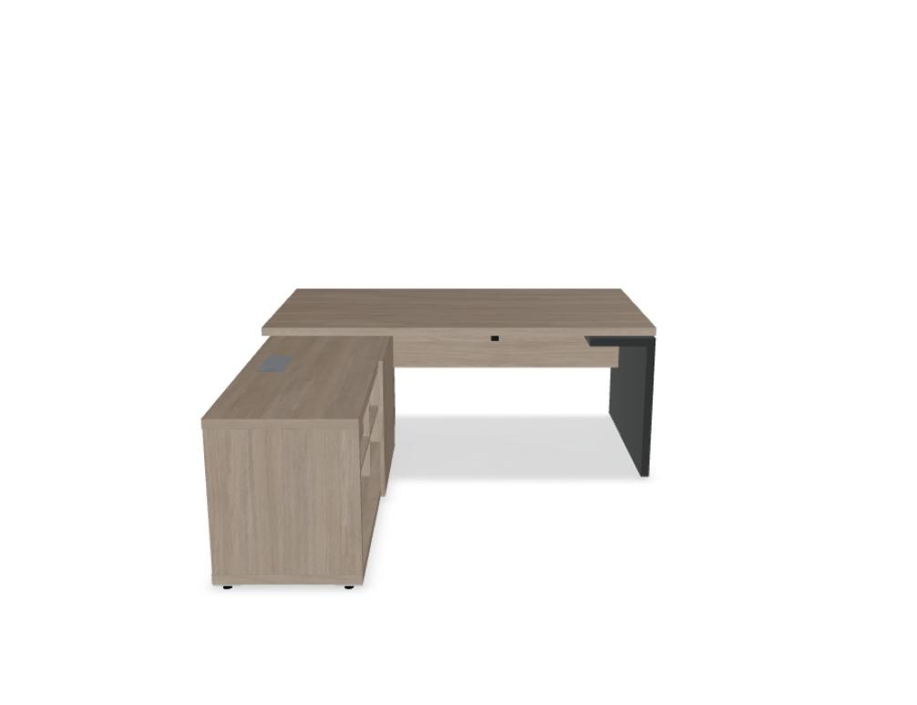 Chefschreibtisch Mito von Mdd in Bernsteineiche mit HPL-Wangenfuss in schwarz oder weiss, Melaminplatte mit ABS-Umleimer, rechteckige Form.