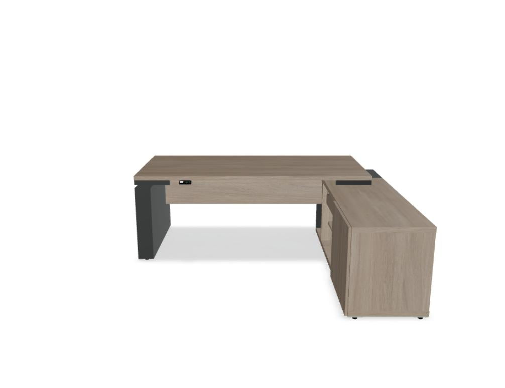 Bild zeigt den Mito MIT1RP Chefschreibtisch von Mdd, höhenverstellbarer Schreibtisch mit glatter Oberfläche, Zwei-Spuren-Beinstruktur und kabelmanagement; modernes, helles Design ideal für Arbeitsplätze.