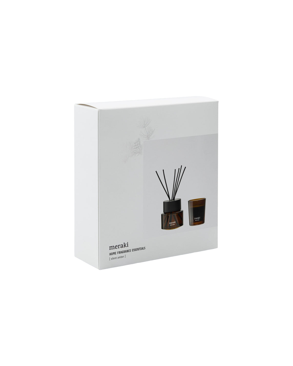 Weisse Geschenkbox mit silbernen Details von Meraki, Set aus Diffuser und Duftkerze Silent Amber