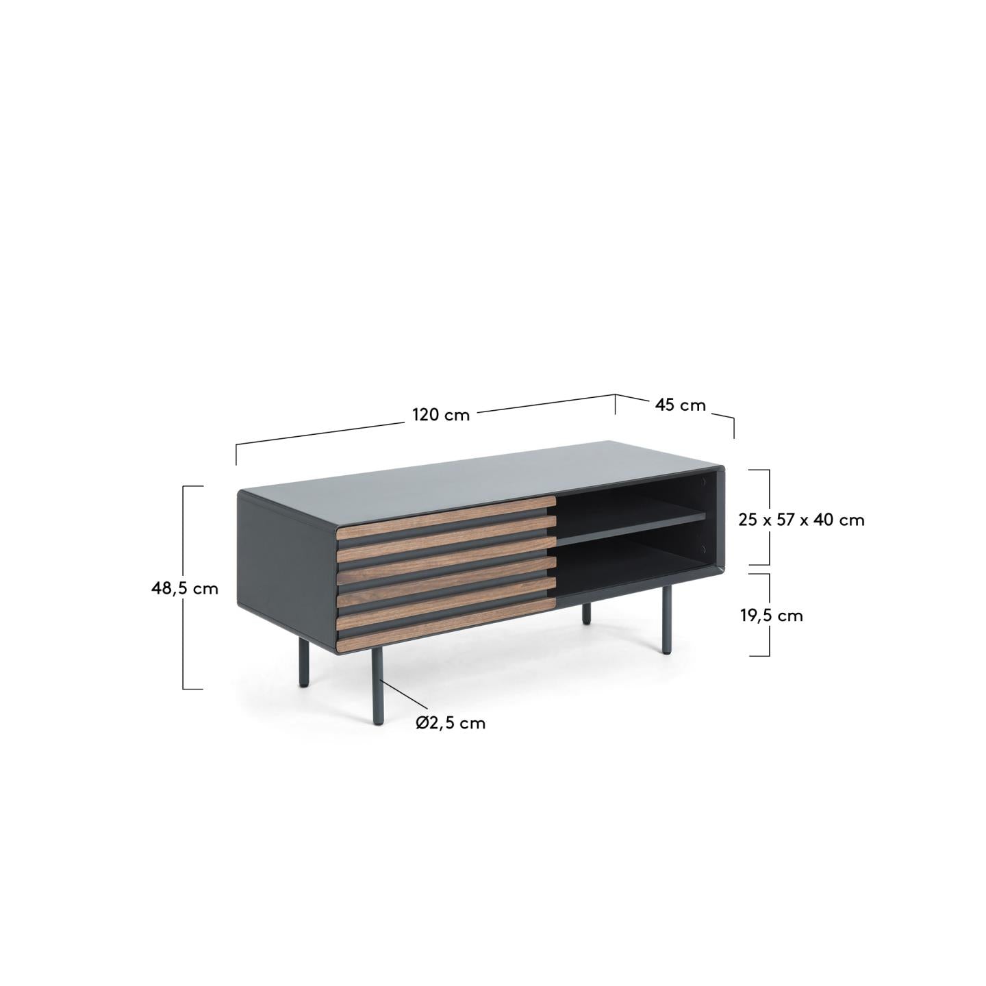 Eleganter Kesia TV-Schrank mit Schiebetür aus Nussholzfurnier und stabilen Metallbeinen in Schwarz, 120 x 48,5 cm, ideal für modernes Wohnen.