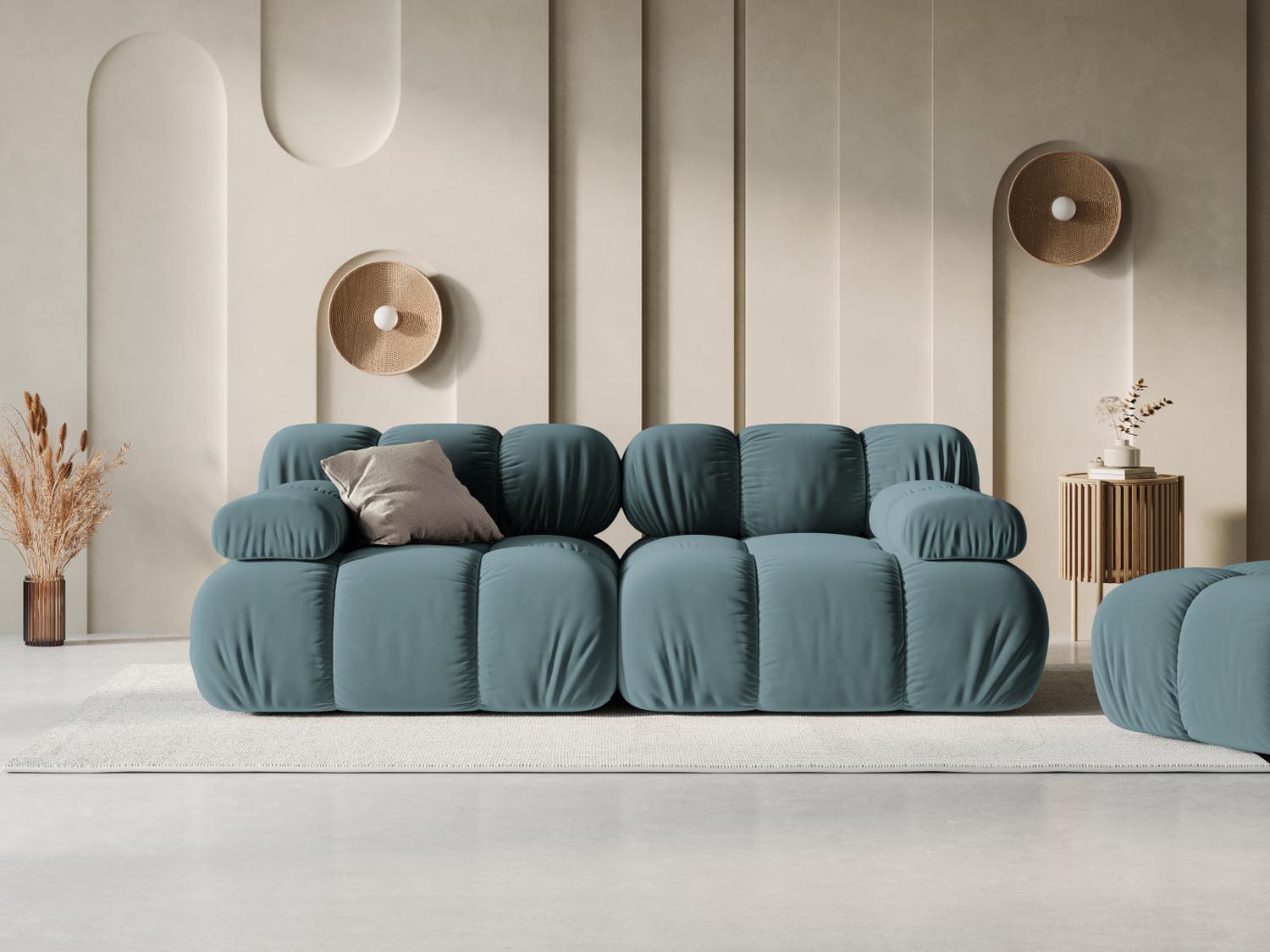 Elegantes Bellis Velour Sofa in Türkis, 2-Sitzer, modulare Gestaltung, ideal für stilvolle Wohnräume, präsentiert von KAQTU Design AG.