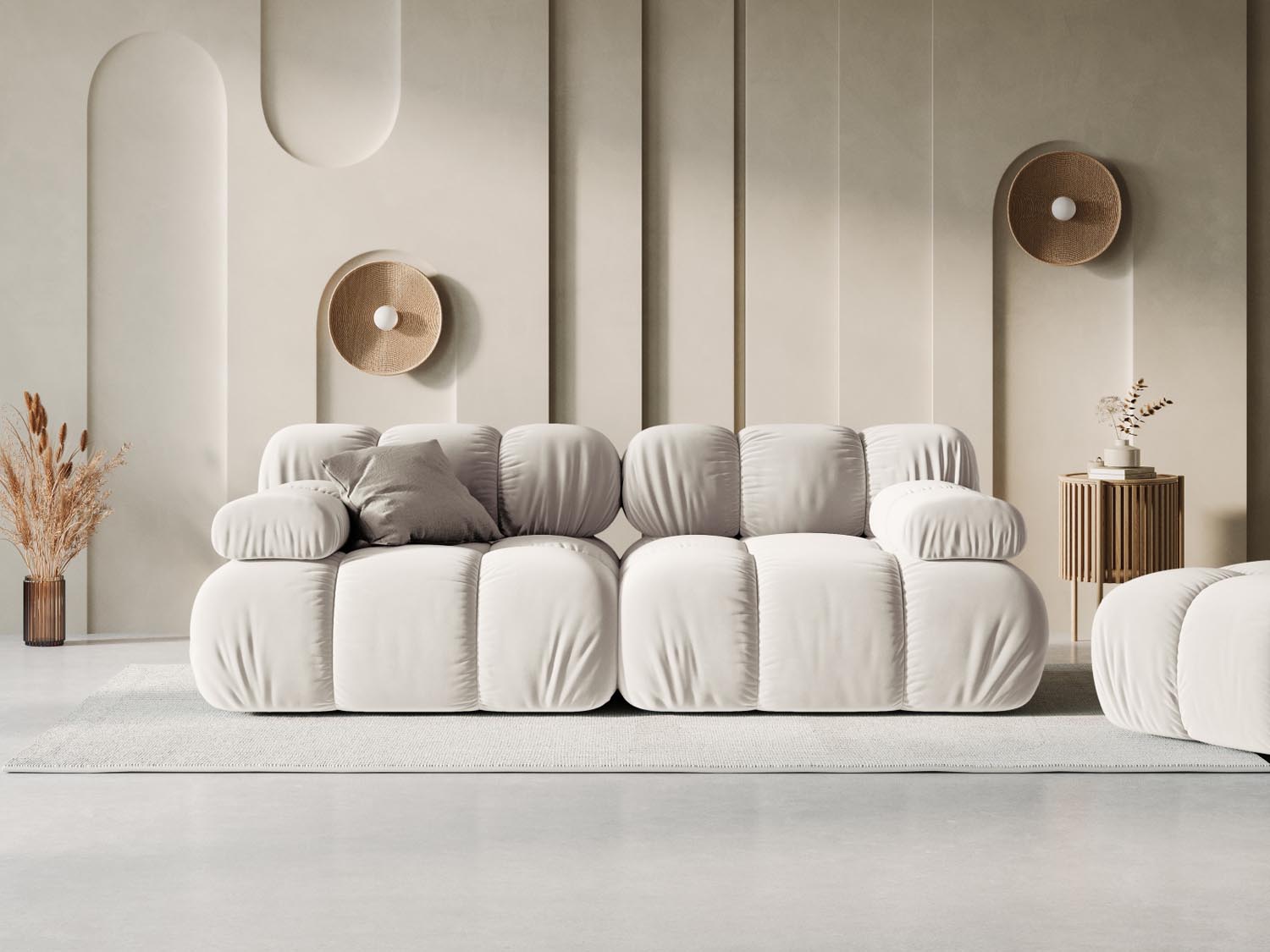 Elegantes Bellis Velour Sofa in Dunkelbeige, 2-Sitzer, modulare Gestaltung, ideal für stilvolle Wohnräume, präsentiert von KAQTU Design AG.