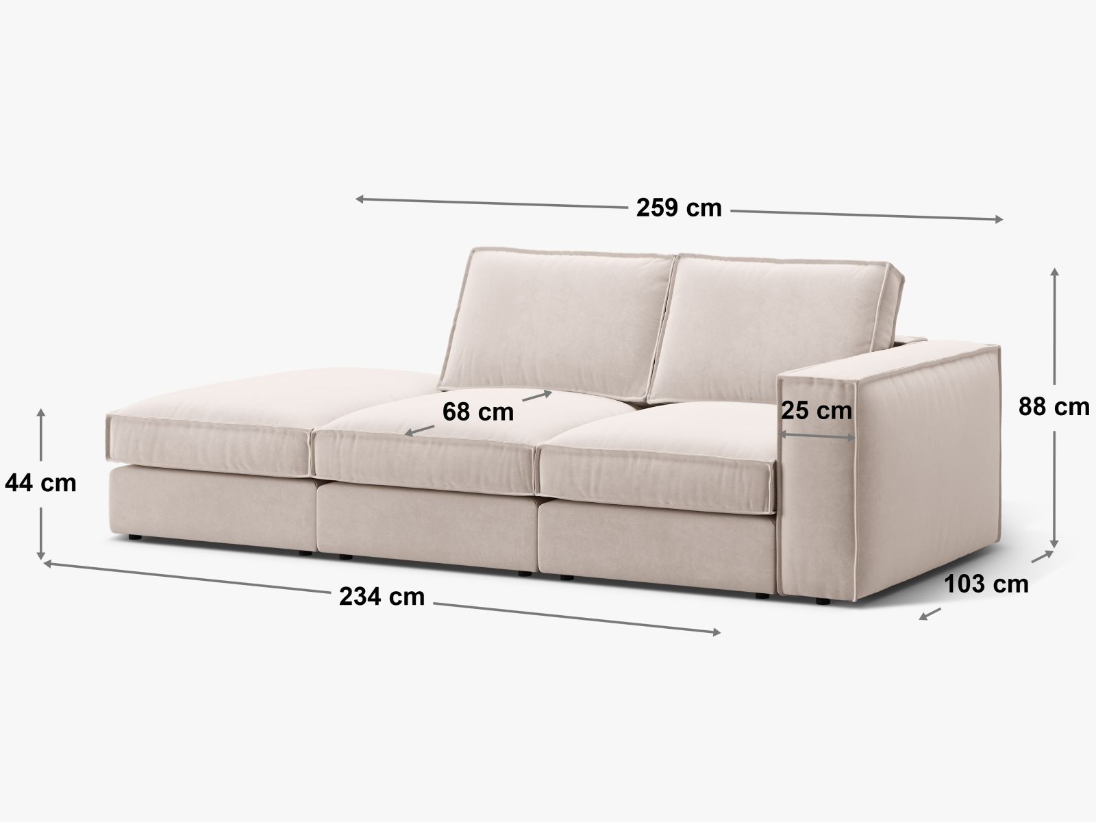 Modulares 3-Sitzer Sofa Pola Open End links in trendigem Grün, perfekt für stilvolle Wohnzimmer und entspannte Atmosphäre.