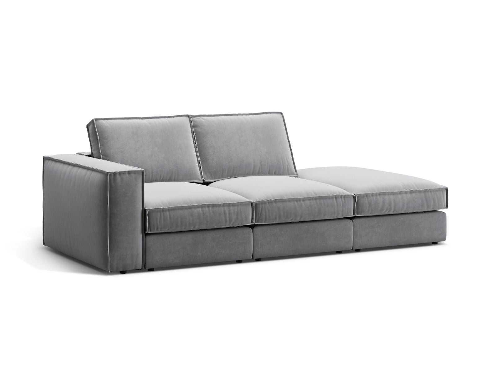 Elegantes 3-Sitzer Sofa Pola mit offenem Ende rechts in stilvollem Grau, ideal für moderne Wohnräume und gemütliche Abende.