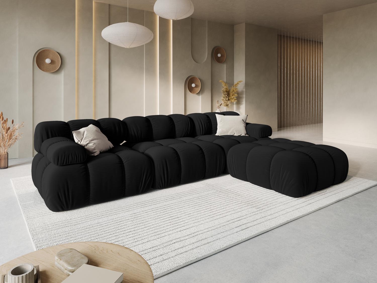 Elegantes Bellis Velour 3-Sitzer Sofa in stilvollem Schwarz-Bluvel, ideal für moderne Wohnräume und vielseitige Einrichtungsmöglichkeiten.