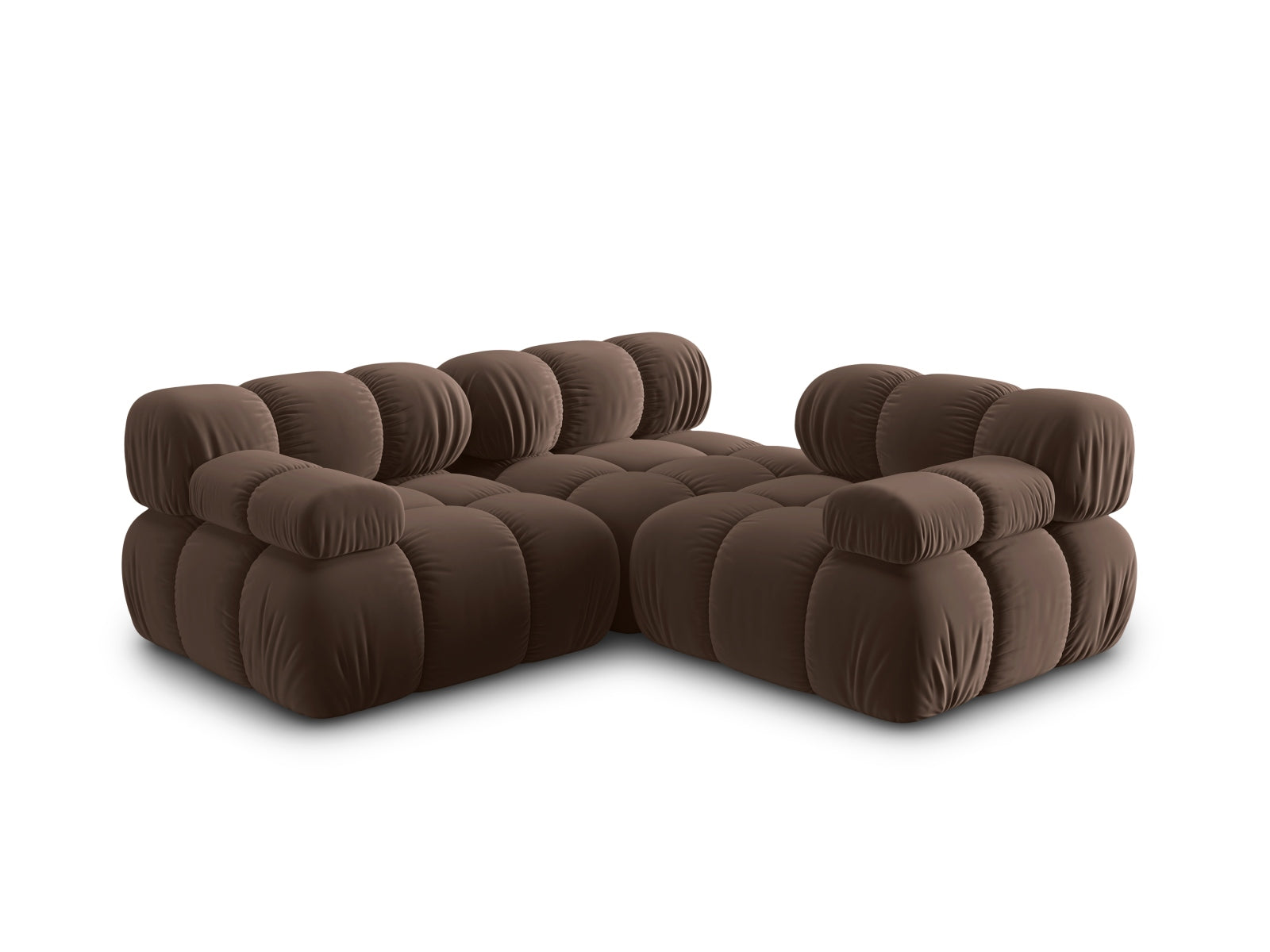 Elegantes 3-Sitzer Sofa Bellis aus weichem Velours, perfekt für moderne Wohnkonzepte, in klassischem Dunkelbraun gestaltet.