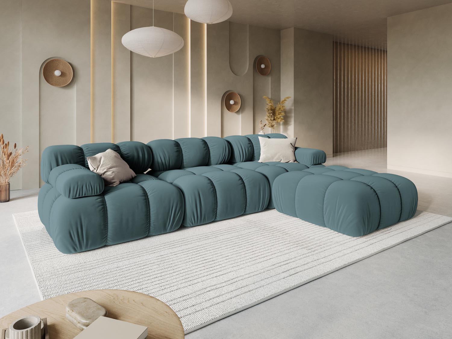 Elegantes Bellis Velour Sofa in Türkis, 3-Sitzer mit modernem Design, ideal für stilvolle Wohnräume und gemütliche Abende.