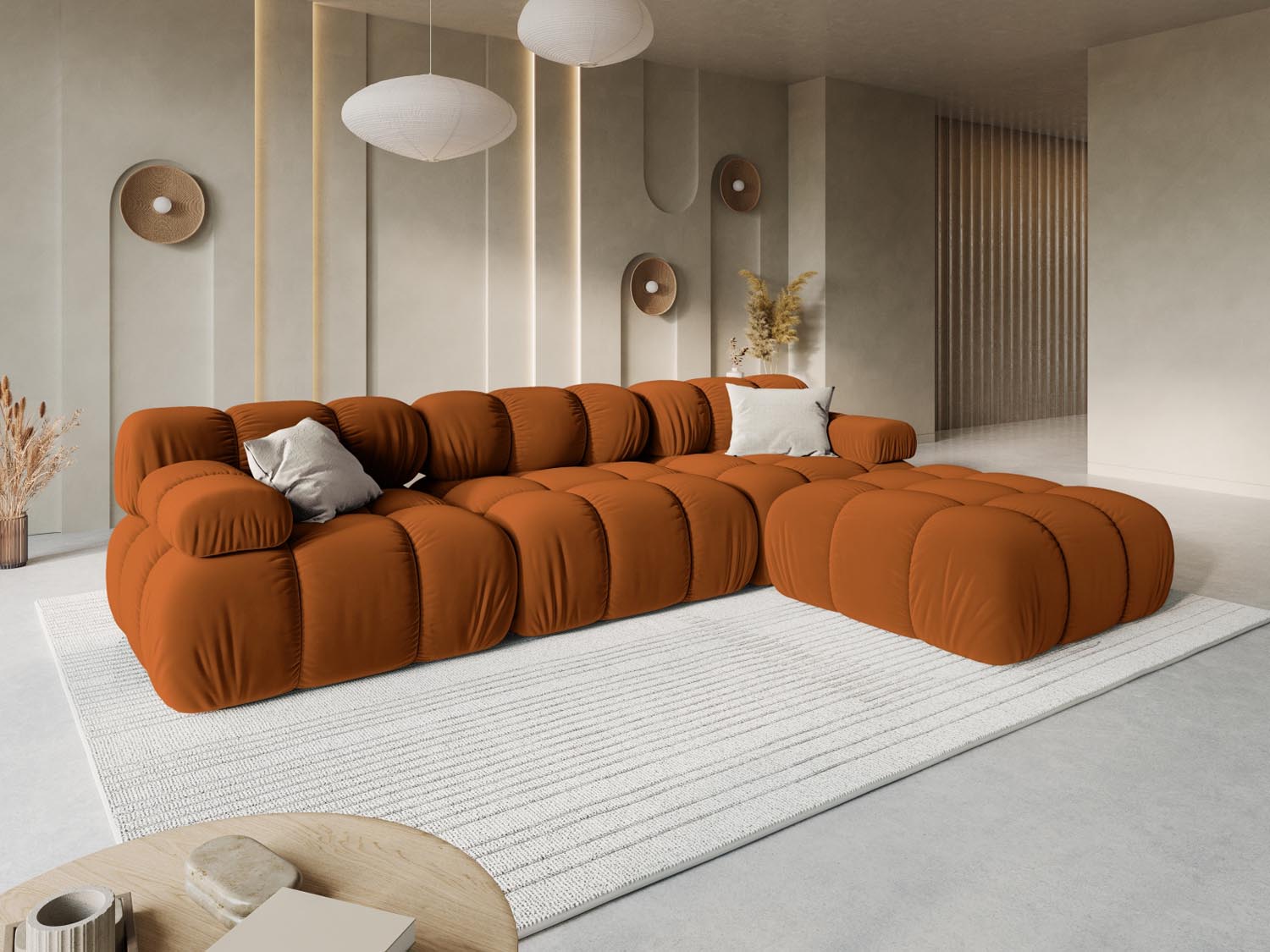 Elegantes Bellis Velour Sofa in Terracotta, 3-Sitzer, modulare Gestaltung für stilvolle Wohnräume, präsentiert von KAQTU Design AG.