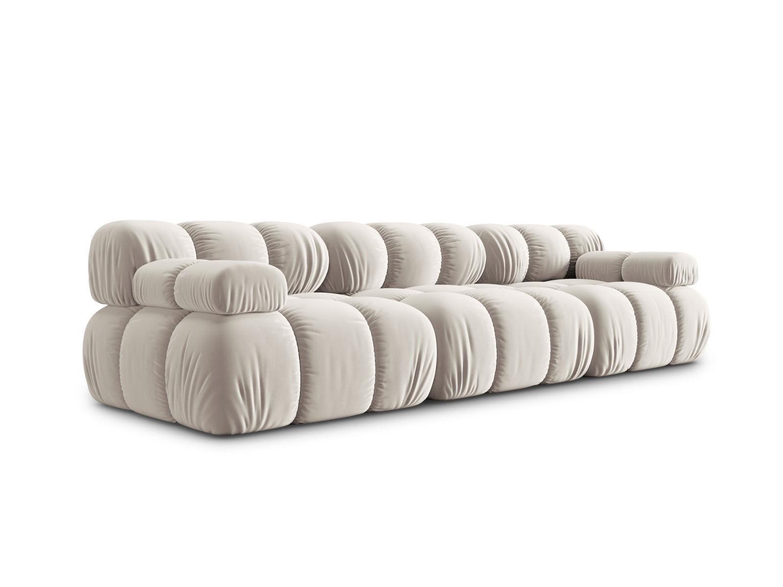 Modulares Bellis Velour Sofa in sanftem Dunkelbeige, perfekt für gemütliche Wohnzimmer und vielseitige Einrichtungsmöglichkeiten.