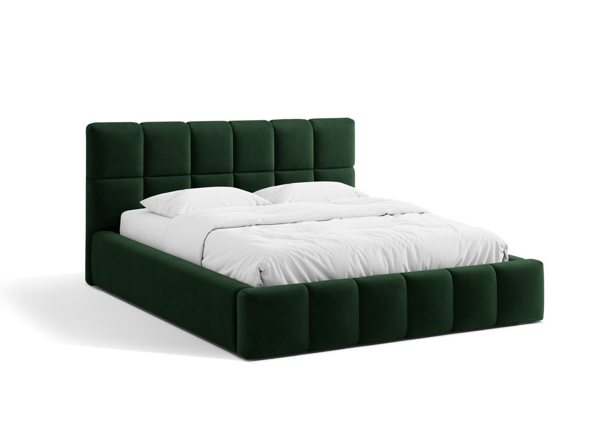 Bellis Ablagebett mit Kopfteil von Micadoni in Gelb, Bezug aus Bluvel-Stoff, schwarze Kunststoffbeine, gepolstertes Kopfteil mit Ziernähten.