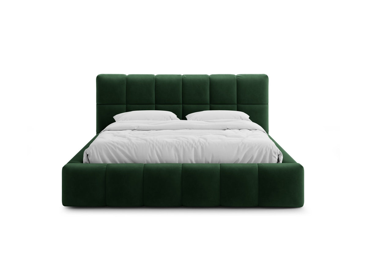 Bellis Ablagebett mit Kopfteil von Micadoni in Gelb, Bezug aus Bluvel-Stoff, schwarze Kunststoffbeine, gepolstertes Kopfteil mit Ziernähten.