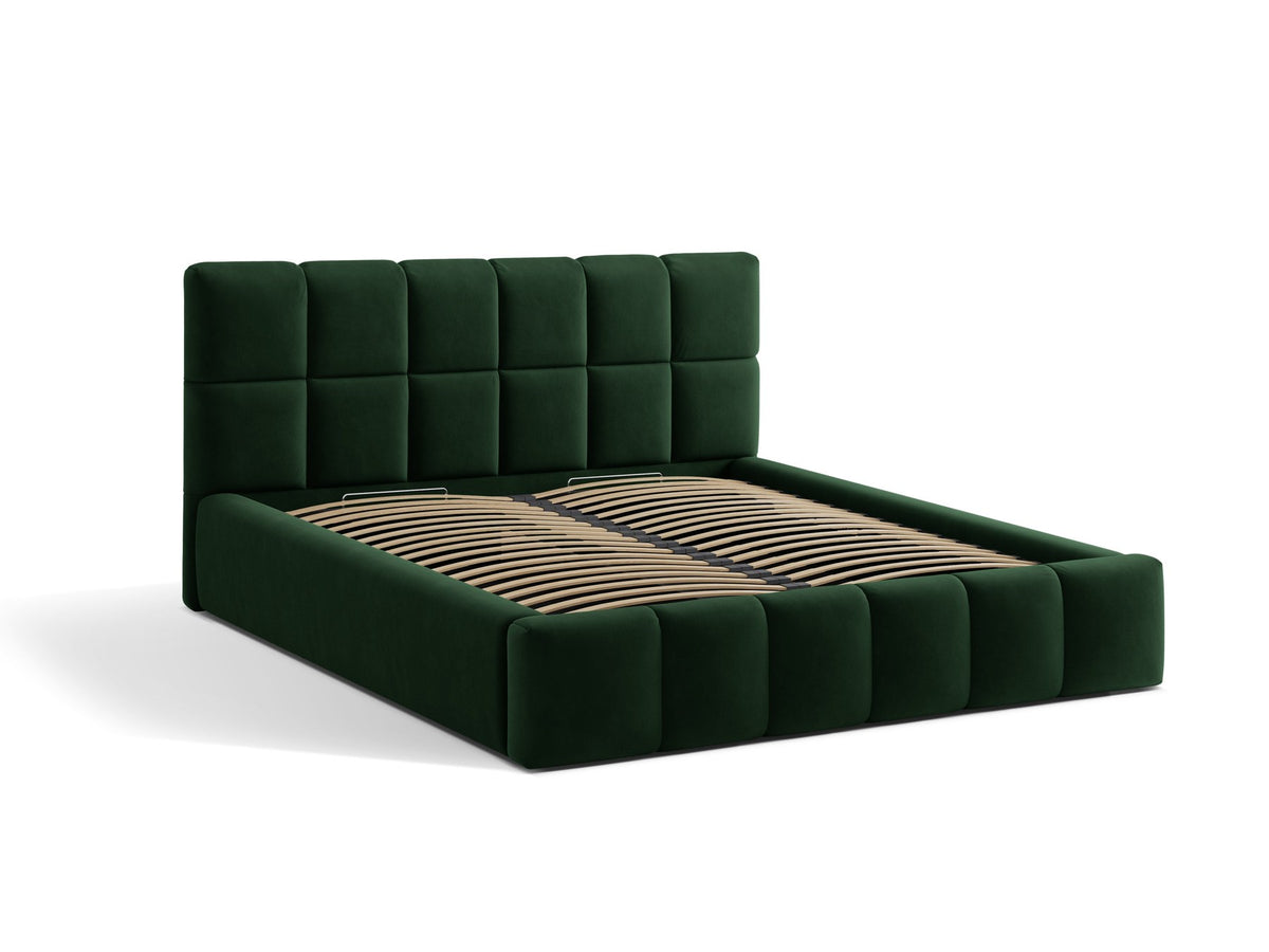 Bellis Ablagebett mit Kopfteil von Micadoni in Gelb, Bezug aus Bluvel-Stoff, schwarze Kunststoffbeine, gepolstertes Kopfteil mit Ziernähten.