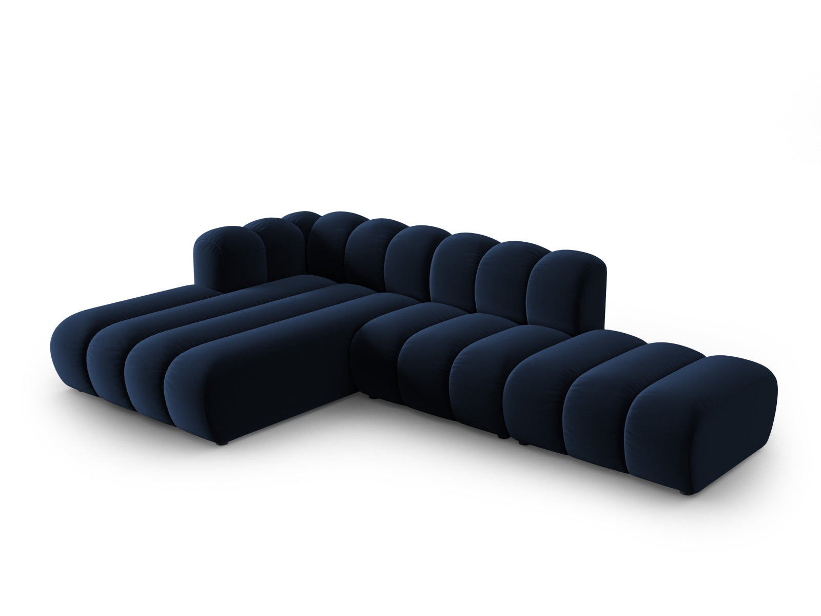 Elegantes, modulares Ecksofa in Royal Blue mit 5 Sitzen, ideal für stilvolle Wohnräume. Hochwertiger Velourstoff von Micadoni.