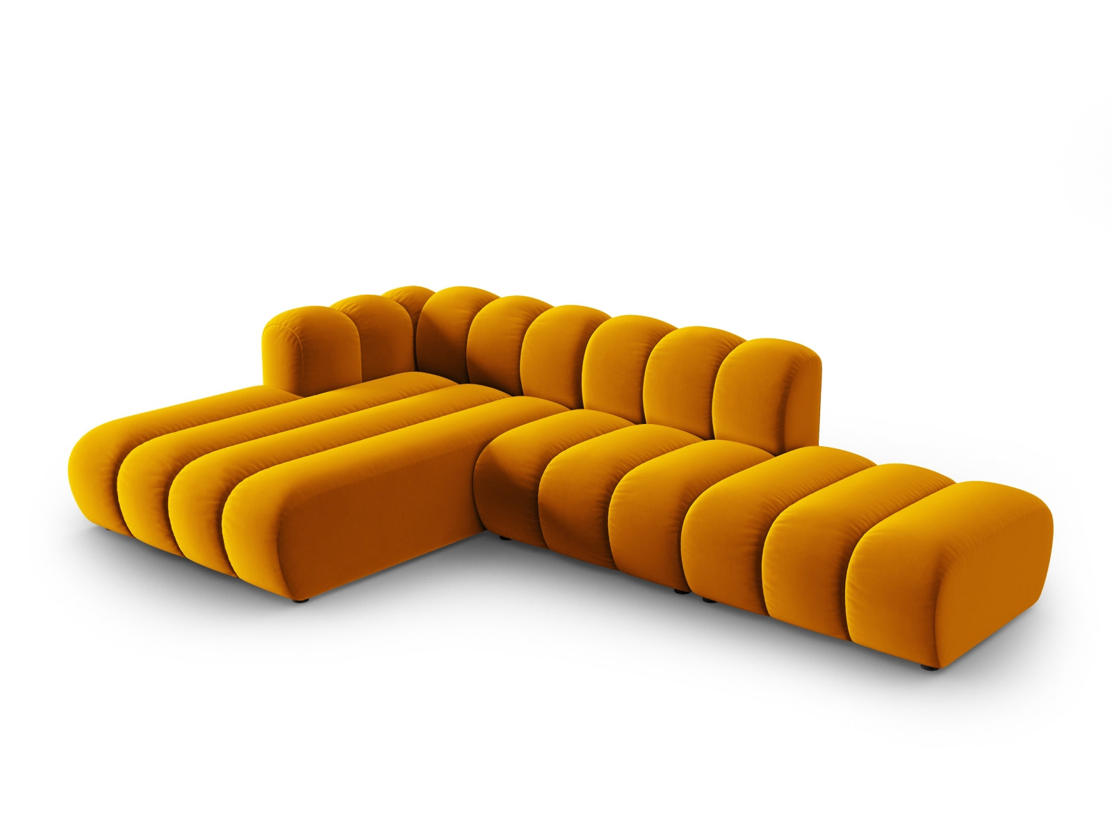Elegantes, modulares Ecksofa in Velours mit 5 Sitzen, offen links, in strahlendem Gelb, ideal für stilvolle Wohnräume.