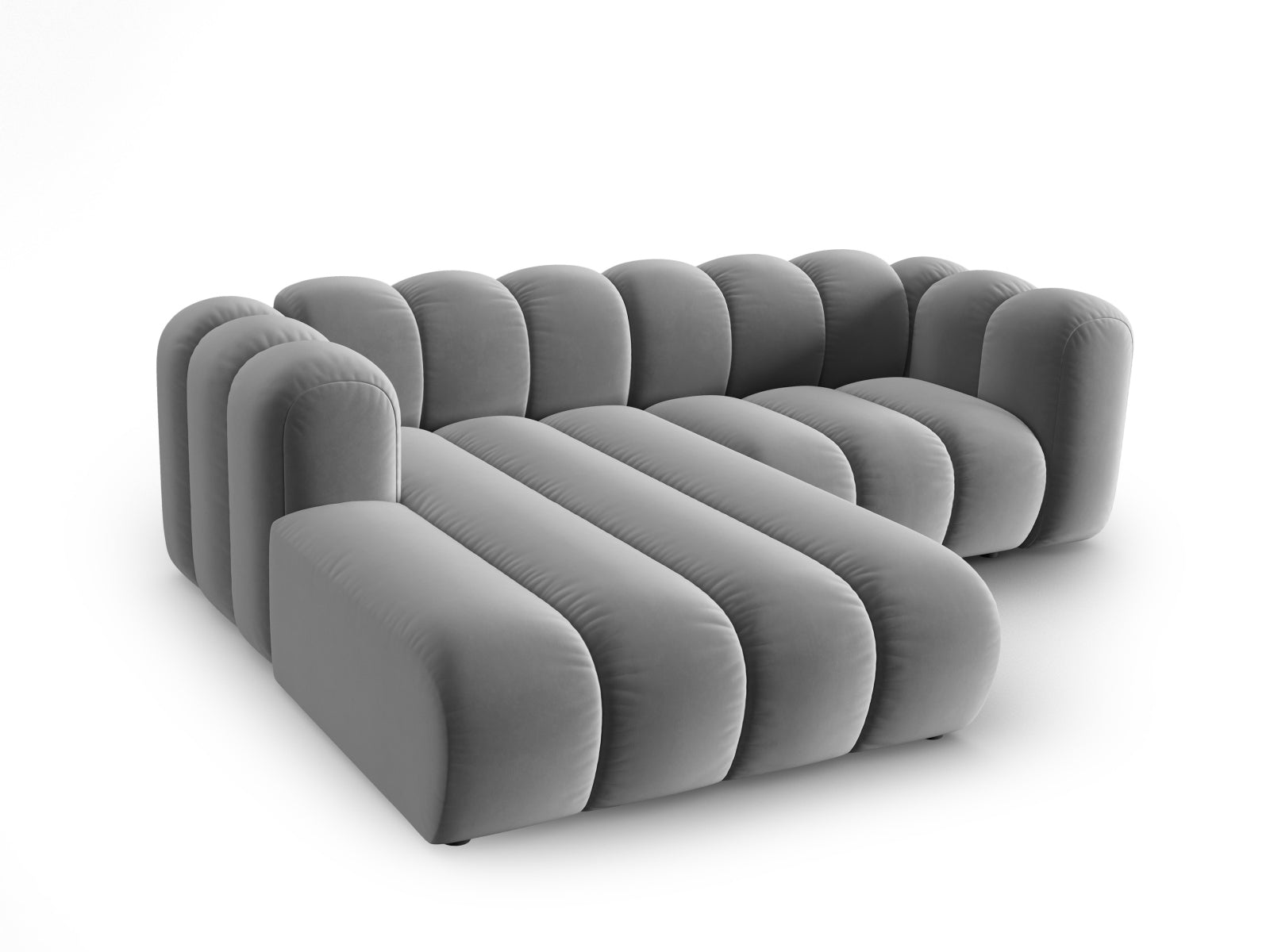 Modulares 3-Sitzer Ecksofa in hochwertigem Velours, linksseitig, in zeitlosem Grau, perfekt für stilvolle und gemütliche Wohnambiente.