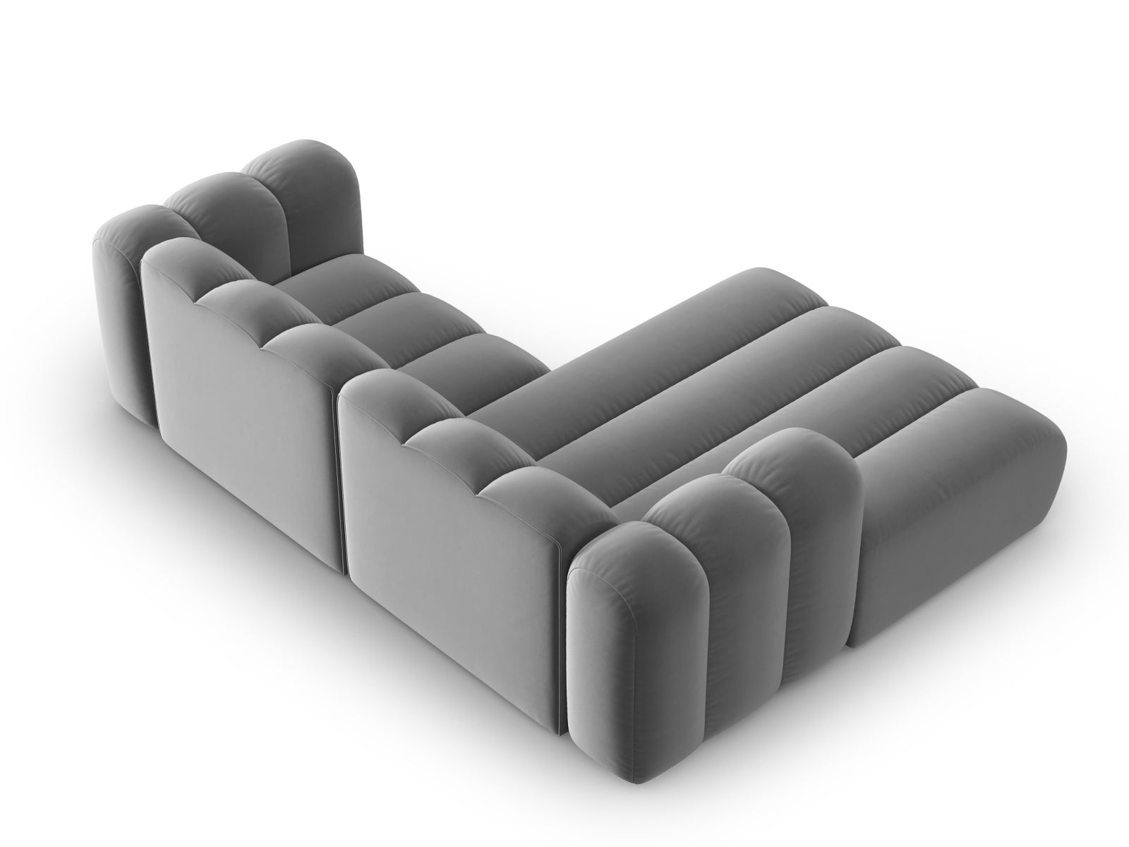Elegantes, modulares Ecksofa mit 3 Sitzen, linksseitig, aus weichem Velours in klassischem Grau, ideal für moderne Wohnräume.