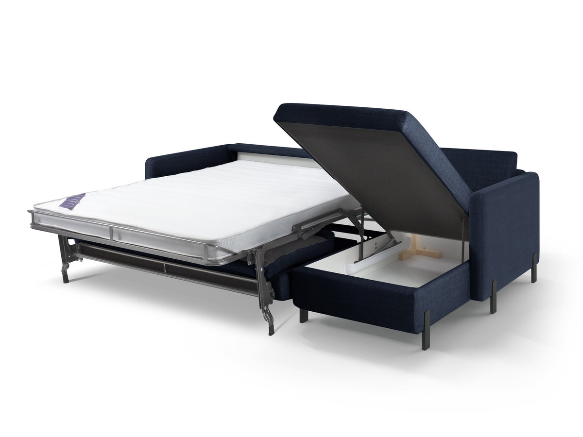 Gloria Ecksofa rechts mit Schlaffunktion und Stauraum 4 Sitzer in Blue-Bjorn präsentiert im Onlineshop von KAQTU Design AG. Bettsofa rechts ist von Micadoni