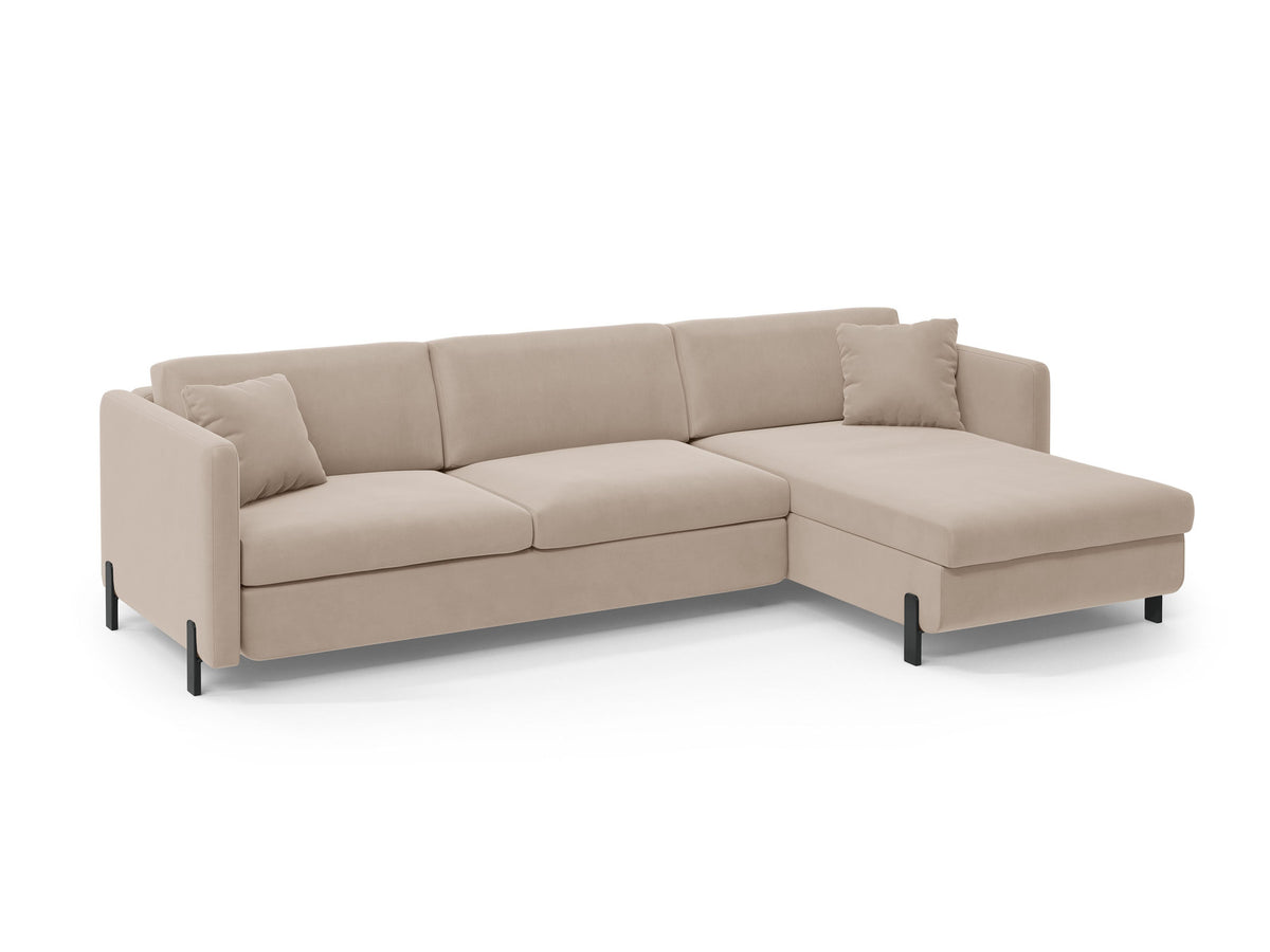 Gloria Velour Ecksofa rechts mit Schlaffunktion und Stauraum 4 Sitzer in Beige-Salvador präsentiert im Onlineshop von KAQTU Design AG. Bettsofa rechts ist von Micadoni