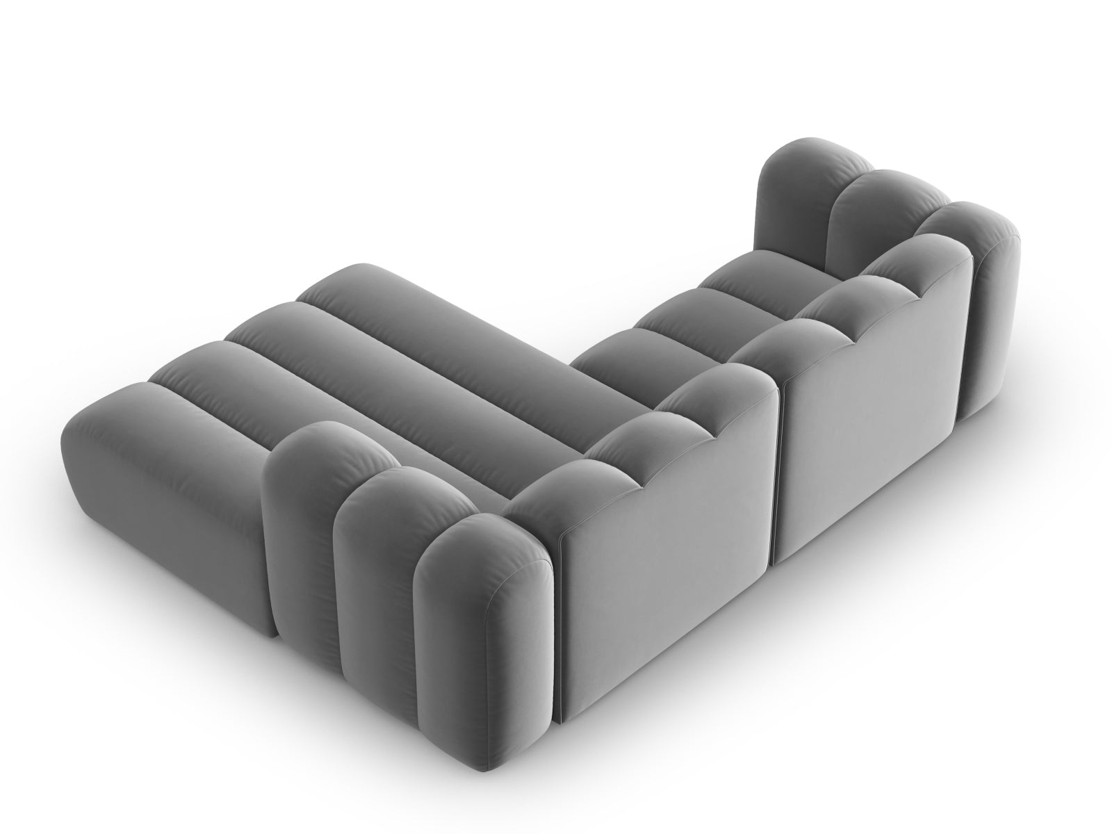 Elegantes, modulares Ecksofa in grauem Velours, 3-Sitzer, rechtsseitig, ideal für stilvolle Wohnräume und gemütliche Abende.