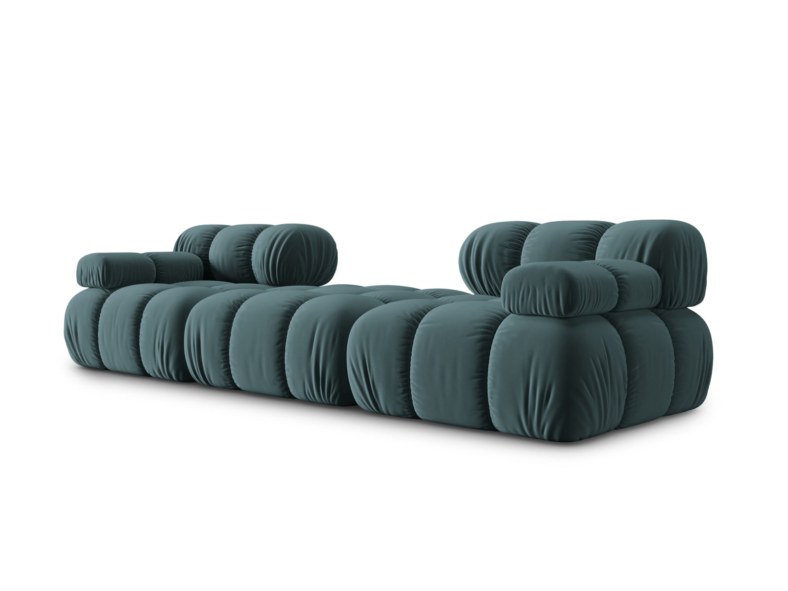 Elegantes 3-Sitzer Sofa Bellis in stilvollem Türkis, aus weichem Velours, ideal für flexible und zeitgemäße Wohnkonzepte.