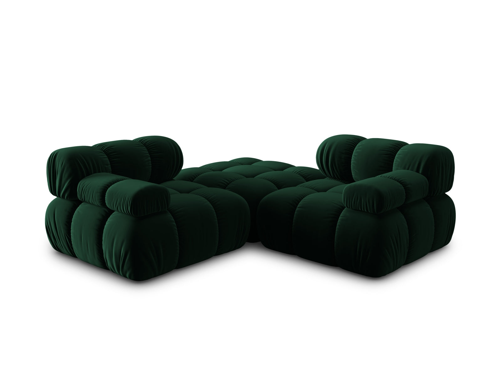 Stylisches Bellis Velour Sofa in tiefem Grün, 3-Sitzer, perfekt für gemütliche Wohnzimmer und flexible Raumgestaltungen.