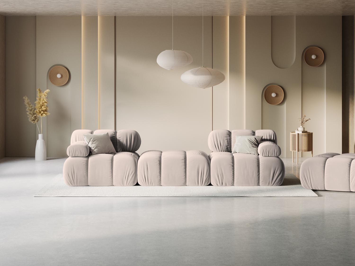 Elegantes Bellis Velour Sofa in Cappuccino, 3-Sitzer, modulare Bauweise, ideal für stilvolle Wohnräume, präsentiert von Micadoni.