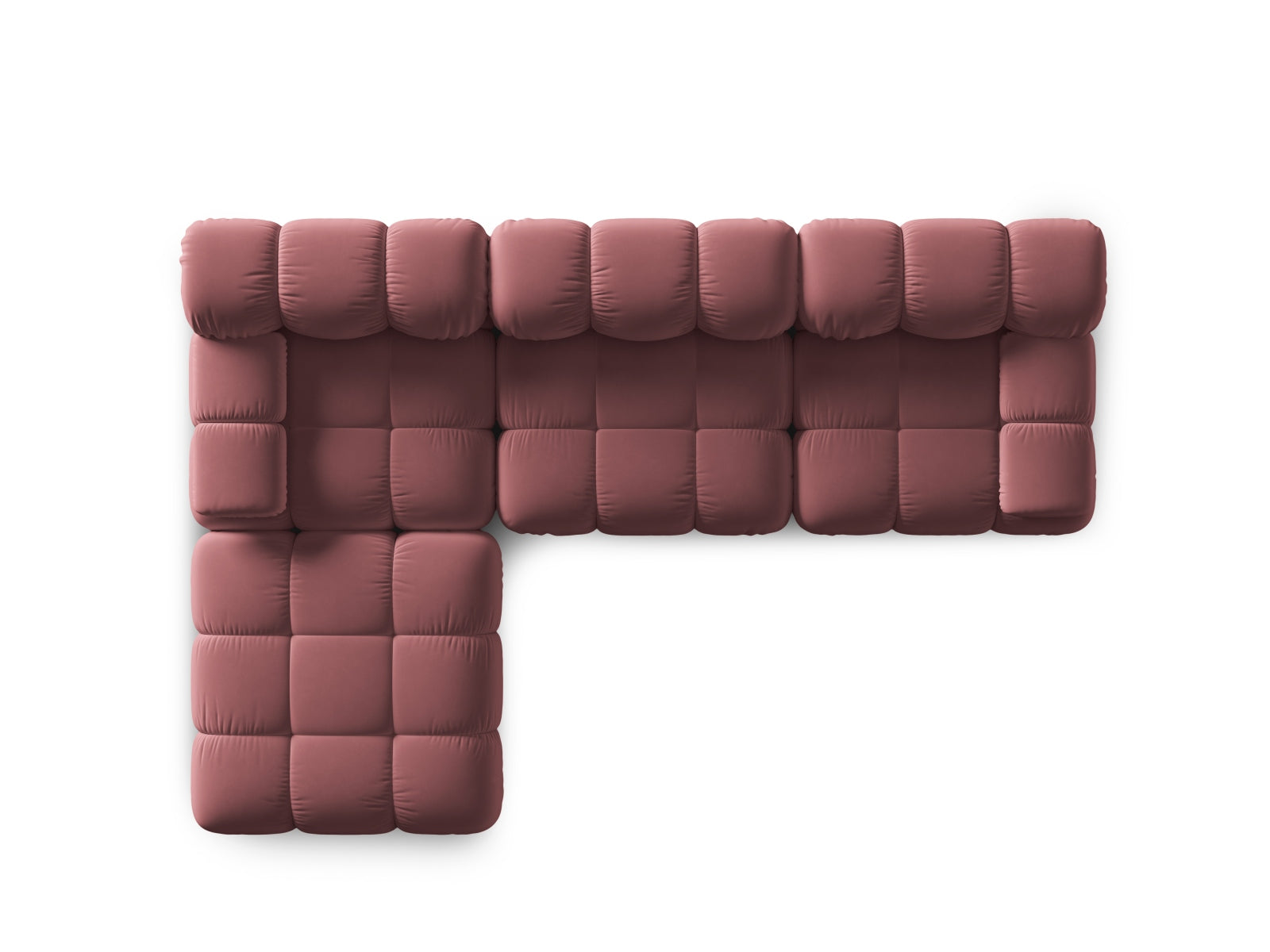 Modulares 4-Sitzer Sofa Bellis in sanftem Velours-Pink, perfekt für moderne Wohnkonzepte und entspannte Stunden im Wohnzimmer.