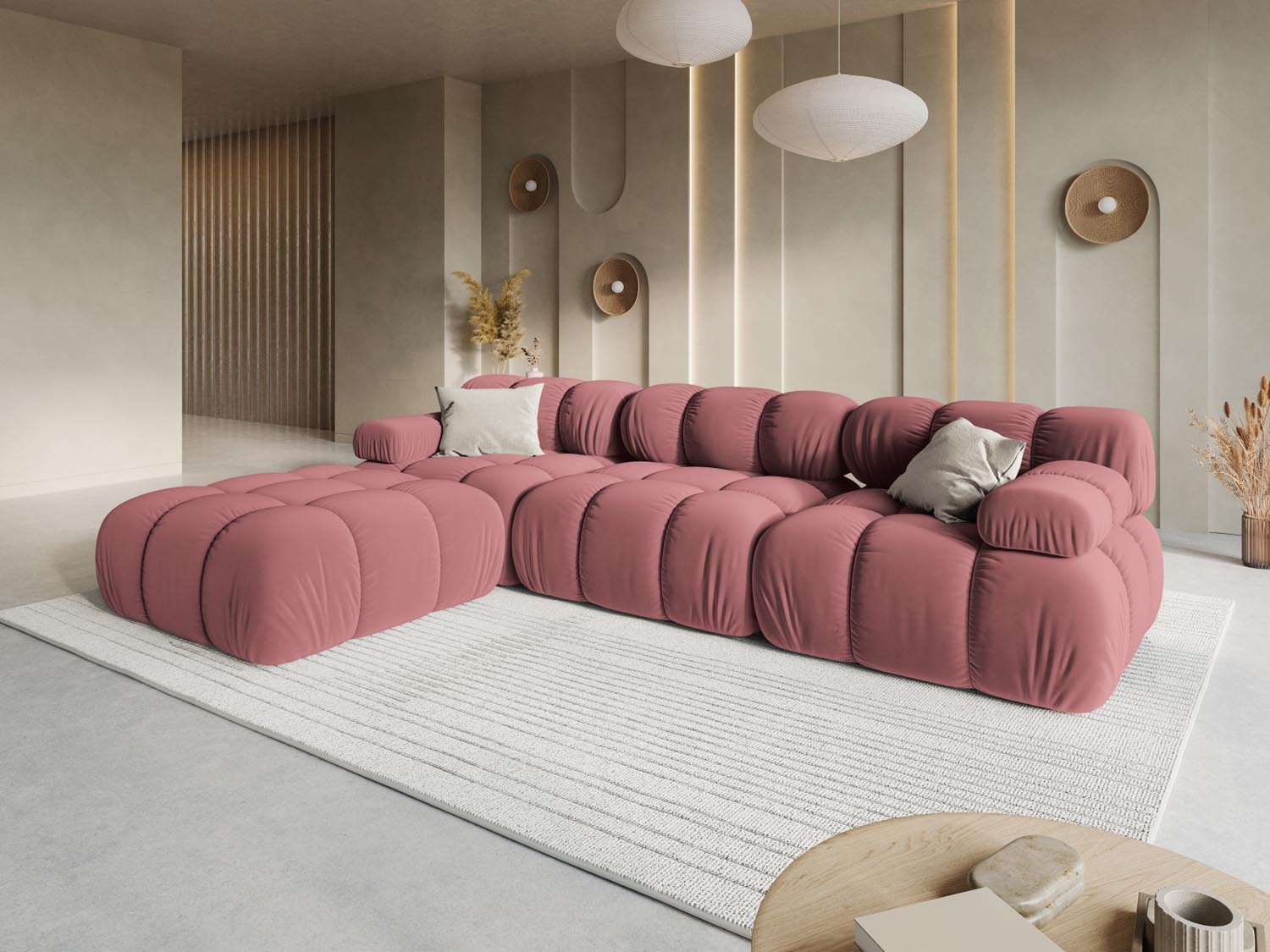 Elegantes Bellis Velour Sofa in Pink-Bluvel, 4-Sitzer, modulare Bauweise, ideal für stilvolle Wohnräume, präsentiert von Micadoni.