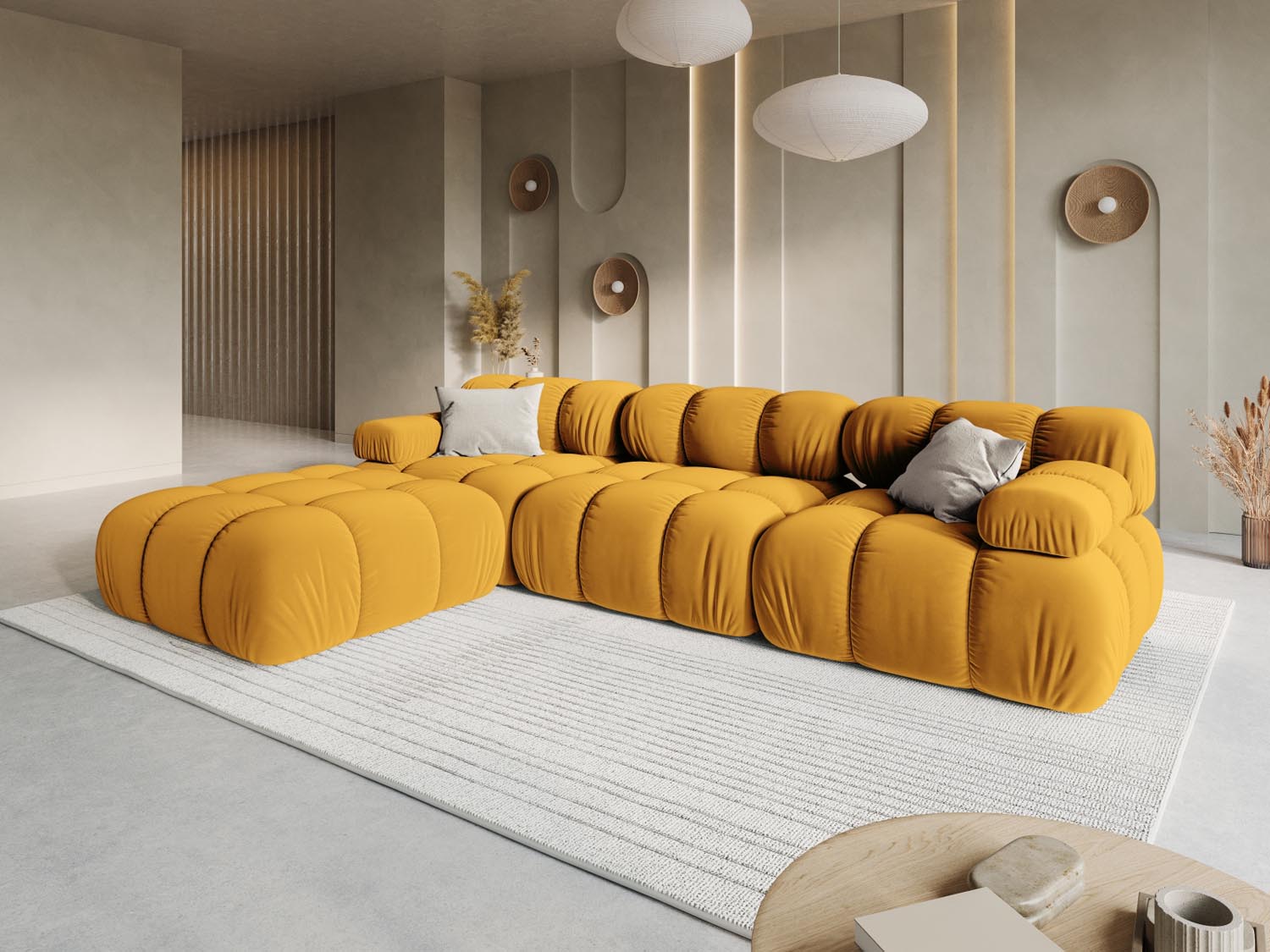 Elegantes Bellis Velour Sofa in Gelb-Blau, 4-Sitzer, 188 cm, linksseitig, ideal für stilvolle Wohnräume.
