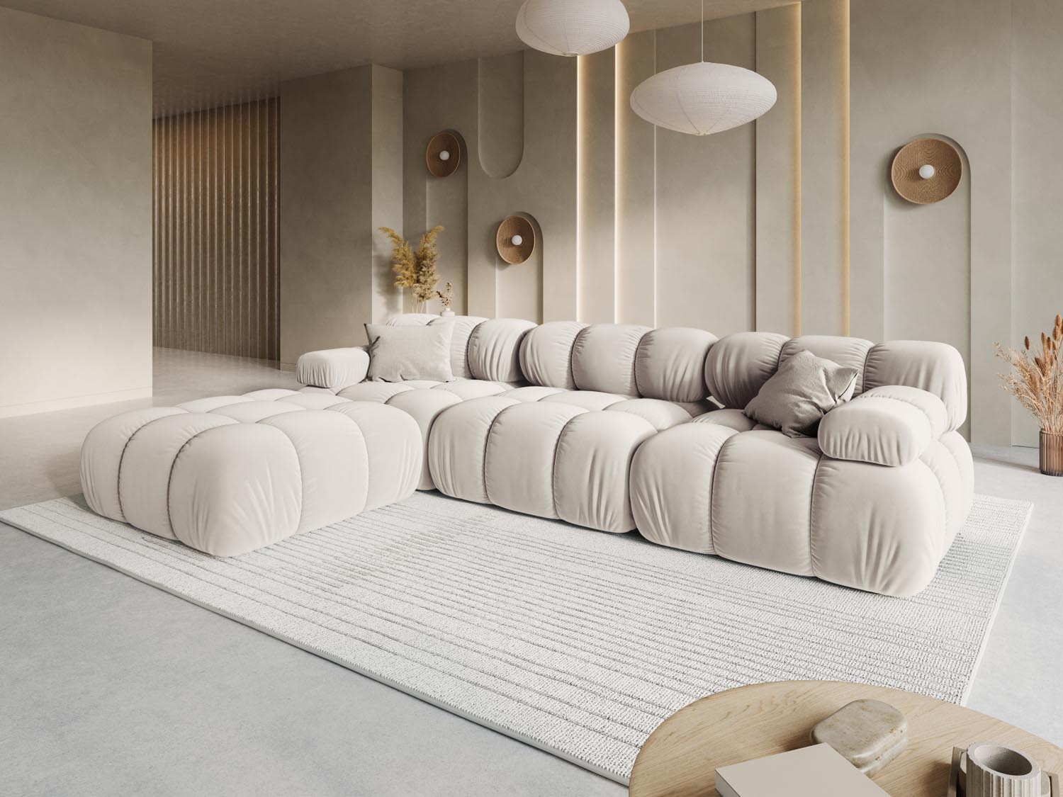 Elegantes Bellis Velour Sofa in Dunkelbeige, 4-Sitzer, modulares Design, ideal für stilvolle Wohnräume, präsentiert von Micadoni.
