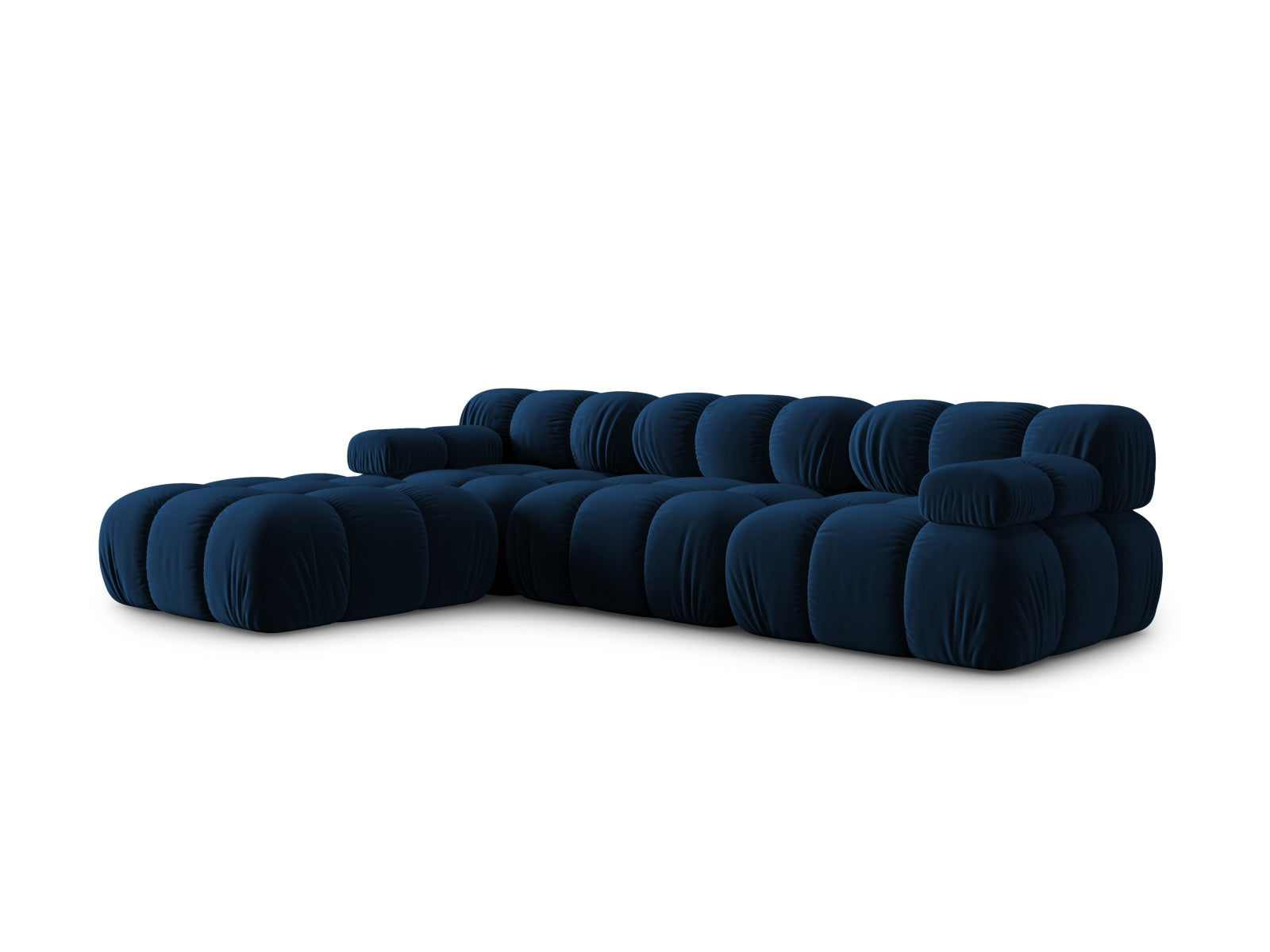 Modulares 4-Sitzer Sofa Bellis in Royal Blue, linksseitig, aus weichem Velour, perfekt für moderne und elegante Wohnambiente.