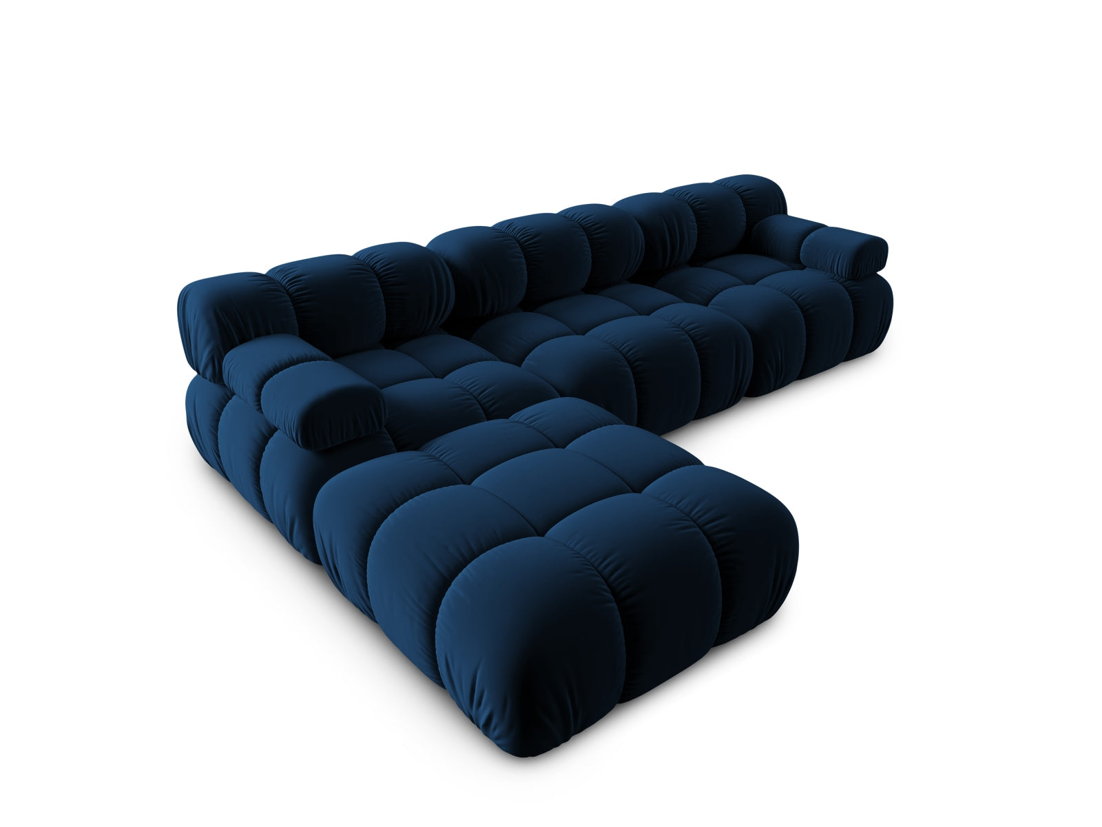 Elegantes modulares 4-Sitzer Sofa Bellis in Royal Blue, linksseitig, aus luxuriösem Velour, ideal für stilvolle Wohnräume.