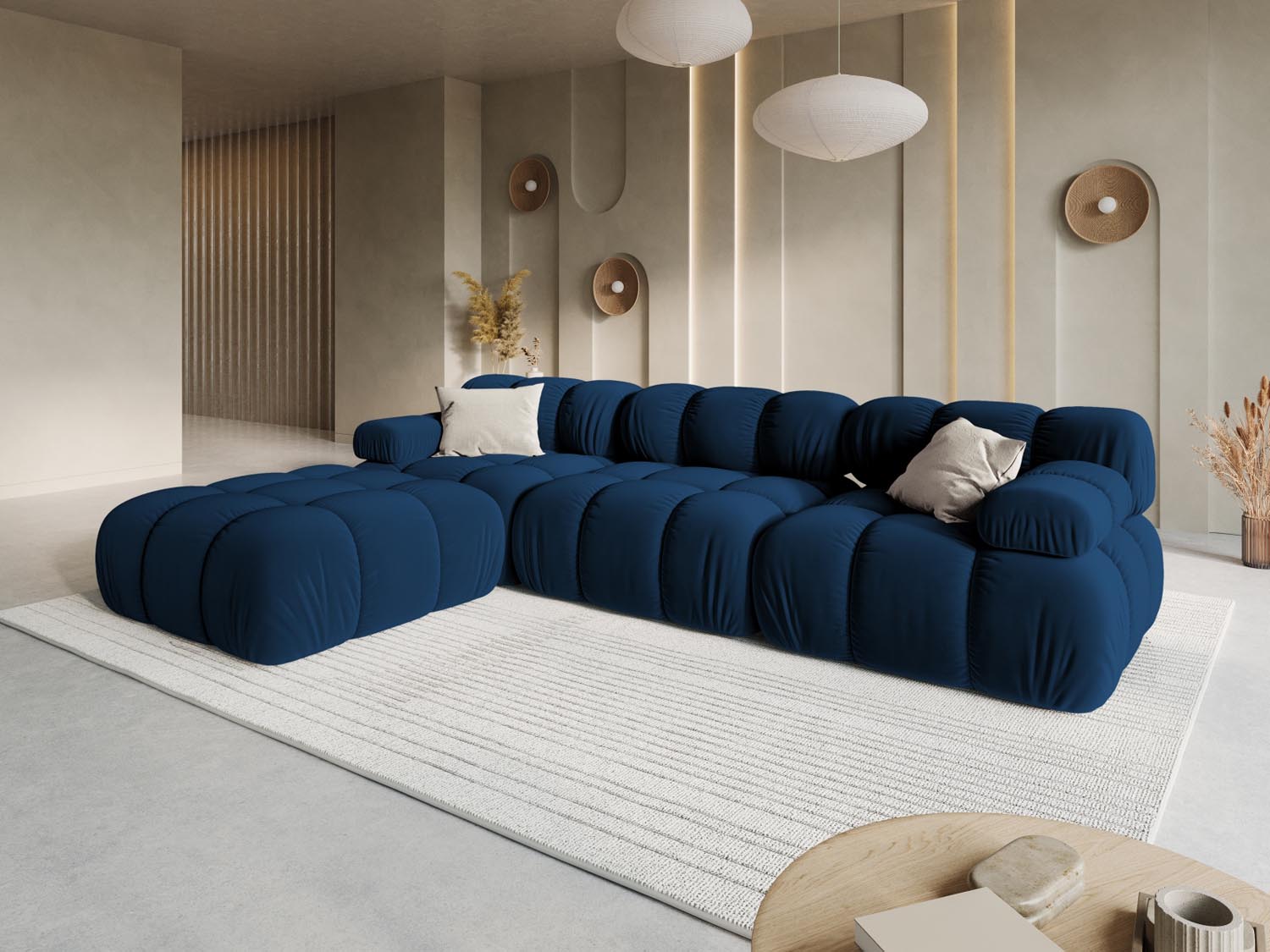Elegantes Bellis Velour Sofa in Royal Blue, 4-Sitzer, modulares Design, linksseitig, ideal für stilvolle Wohnräume.