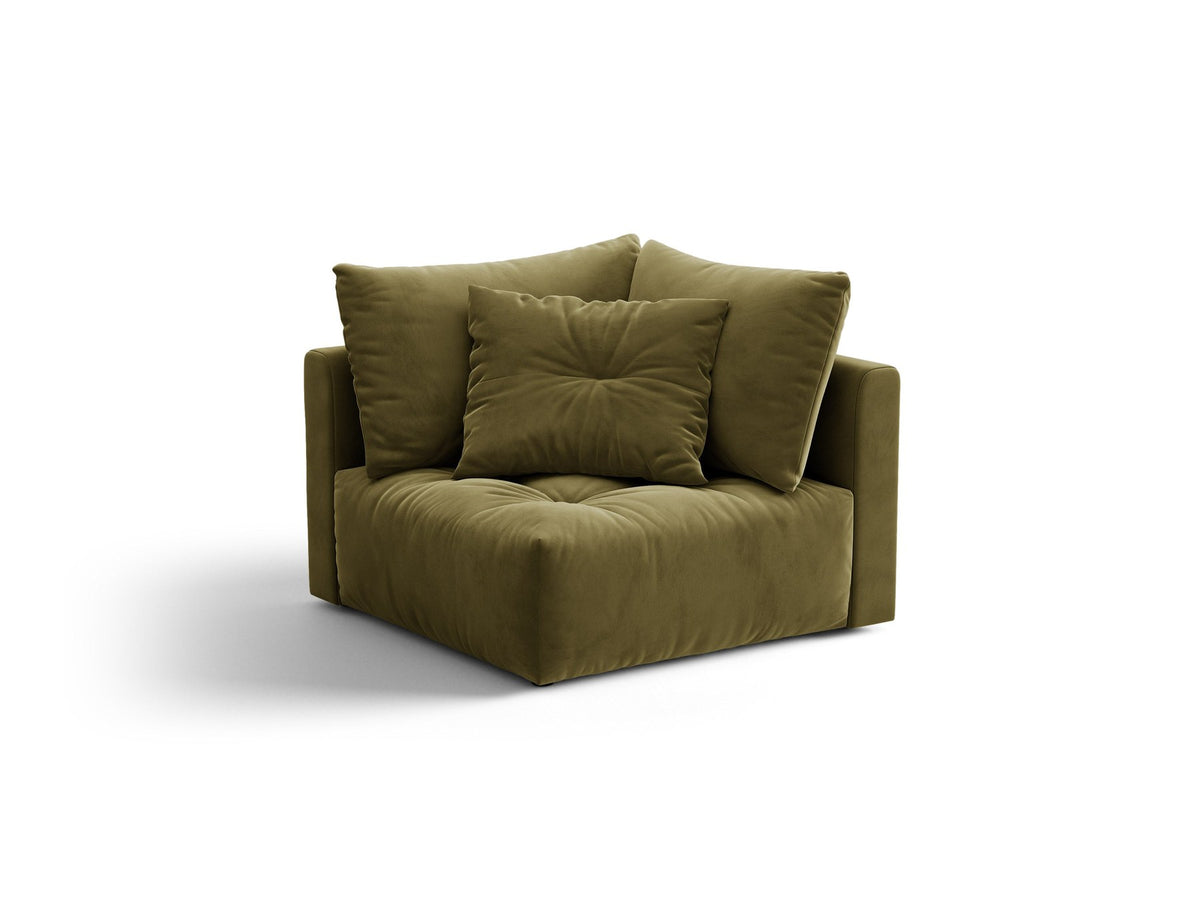 Eckmodul des Bloom Sofas von Micadoni in leichtem Beige, Bezug aus Casino Velours-Stoff, schwarze Kunststoffbeine, gepolsterte Rückenlehne.