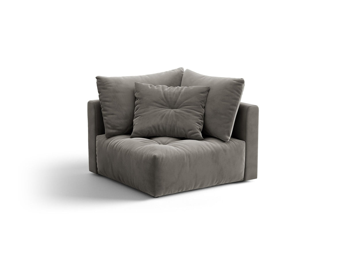 Eckmodul des Bloom Sofas von Micadoni in leichtem Beige, Bezug aus Casino Velours-Stoff, schwarze Kunststoffbeine, gepolsterte Rückenlehne.