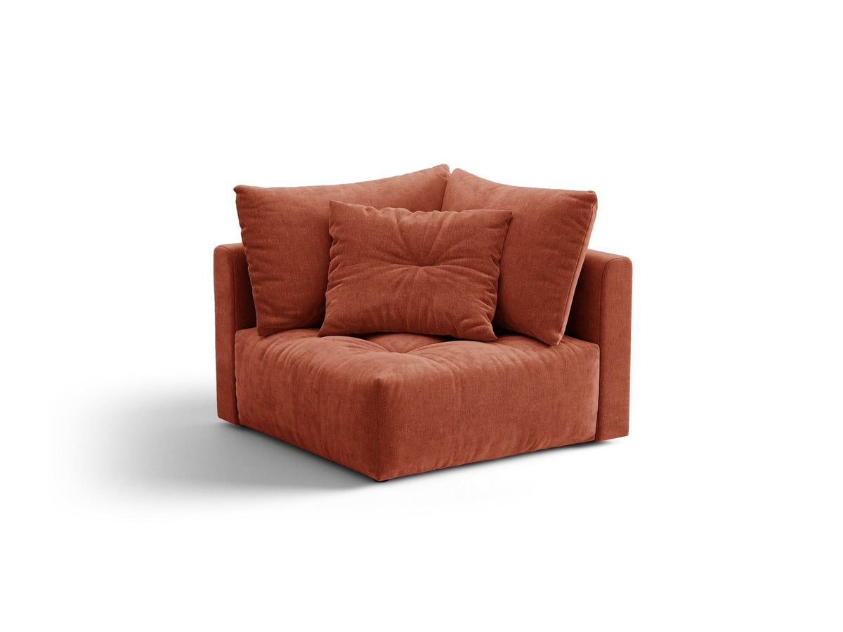 Eckmodul des Bloom Sofas von Micadoni in leichtem Beige, Bezug aus Casino Velours-Stoff, schwarze Kunststoffbeine, gepolsterte Rückenlehne.