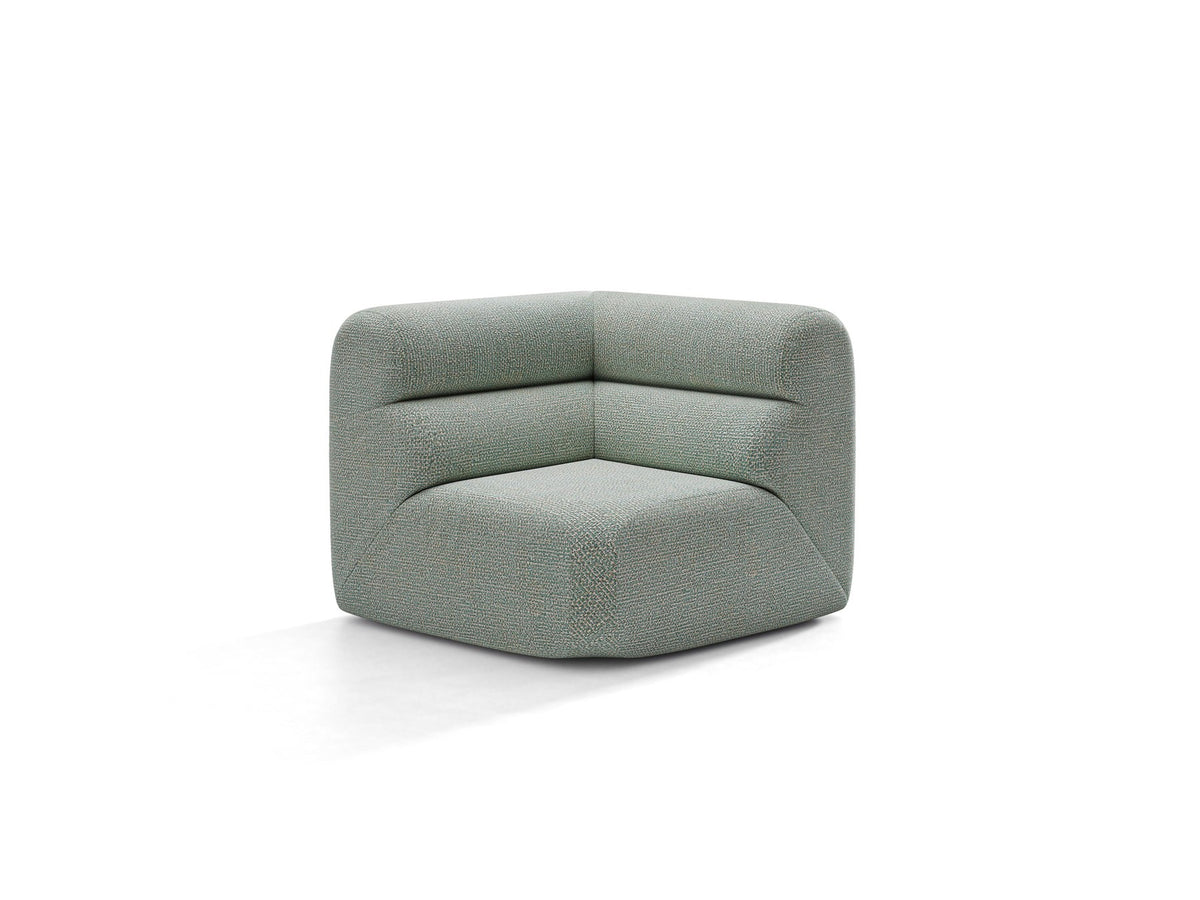 Eckmodul Neo von Micadoni in dunklem Olivgrün, gepolstertes modulares Sofa mit hoher Rückenlehne und schwarzen Kunststoffbeinen.