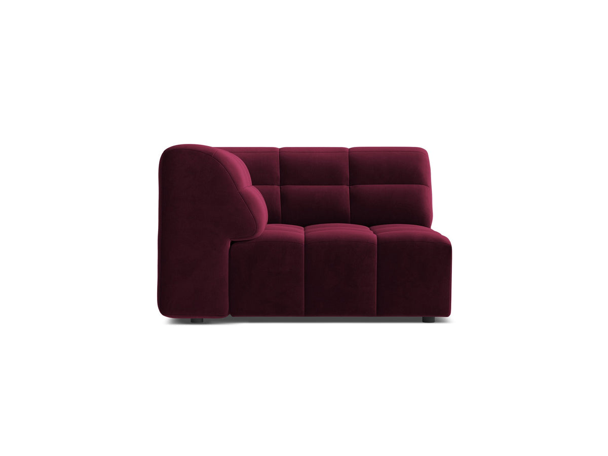 Eckmodul eines modularen Sofas in leichtem Beige mit Chenille-Bezug Eden, schwarzen Kunststoffbeinen und niedriger Rückenlehne.