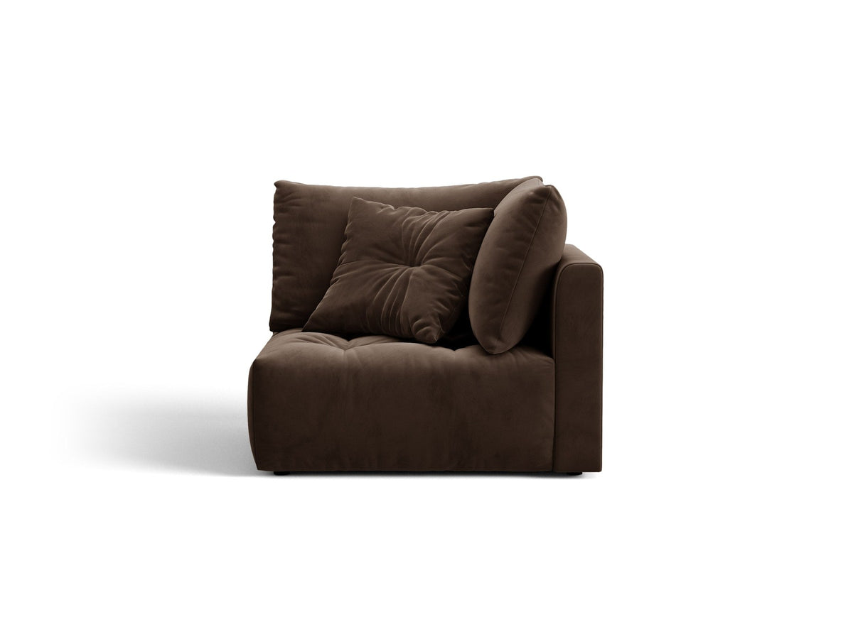 Eckmodul des Bloom Sofas von Micadoni in leichtem Beige, Bezug aus Casino Velours-Stoff, schwarze Kunststoffbeine, gepolsterte Rückenlehne.