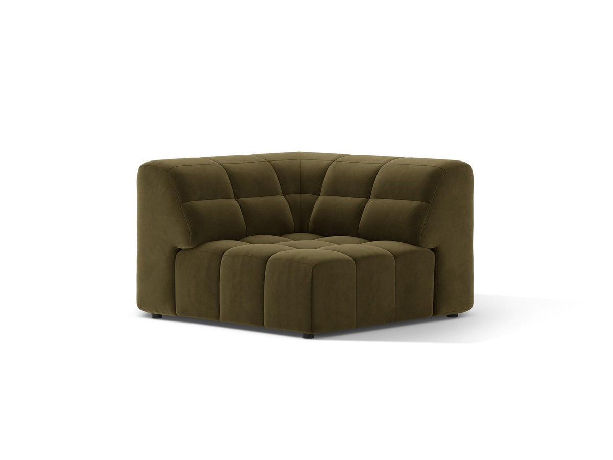 Eckmodul eines modularen Sofas in leichtem Beige mit Chenille-Bezug Eden, schwarzen Kunststoffbeinen und niedriger Rückenlehne.