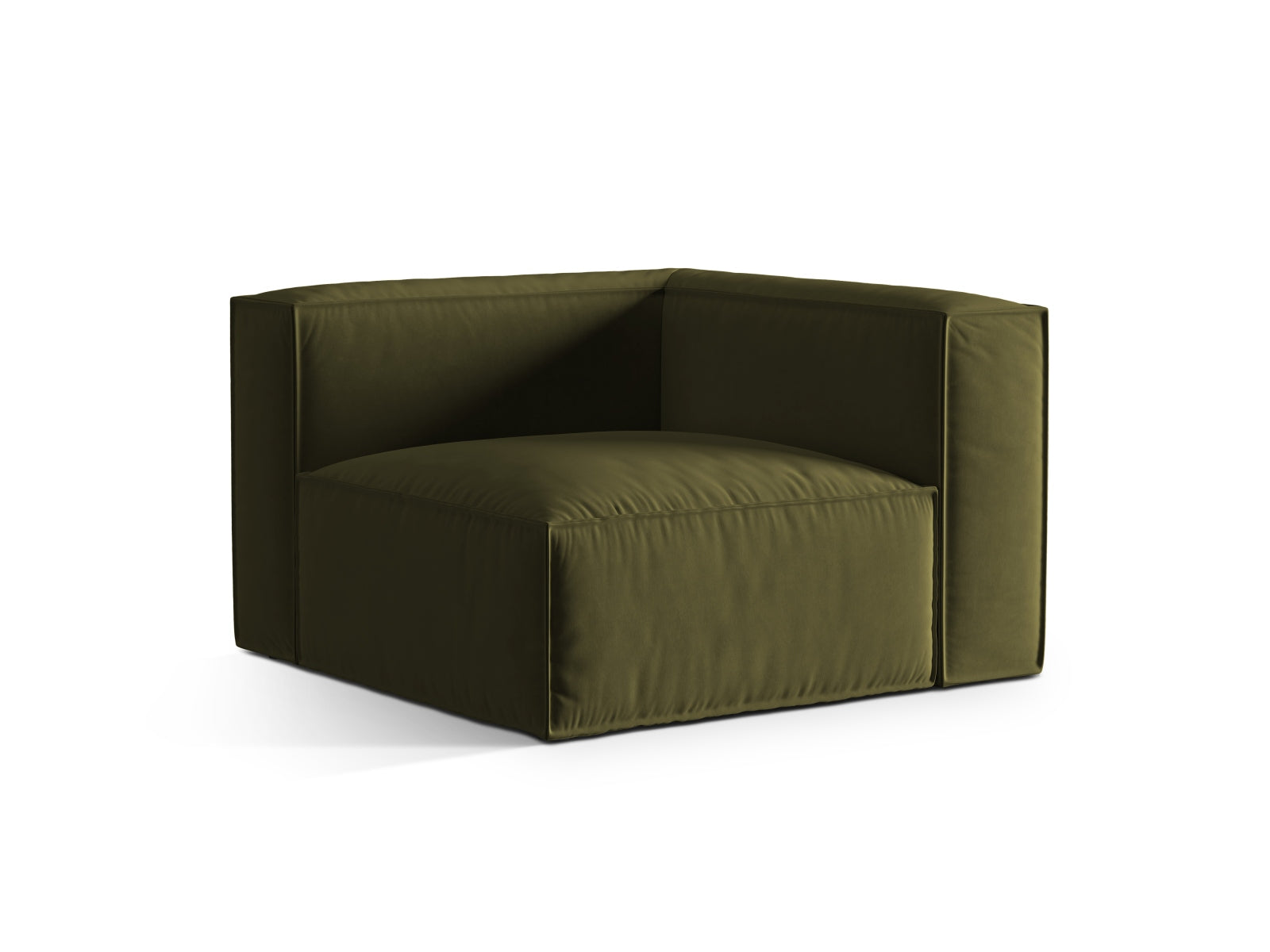 Eleganter Nuria Velour Modul Corner 1 Sitzer in einem stilvollen Moosgrün, ideal für moderne Wohnräume und vielseitige Sofa-Arrangements.