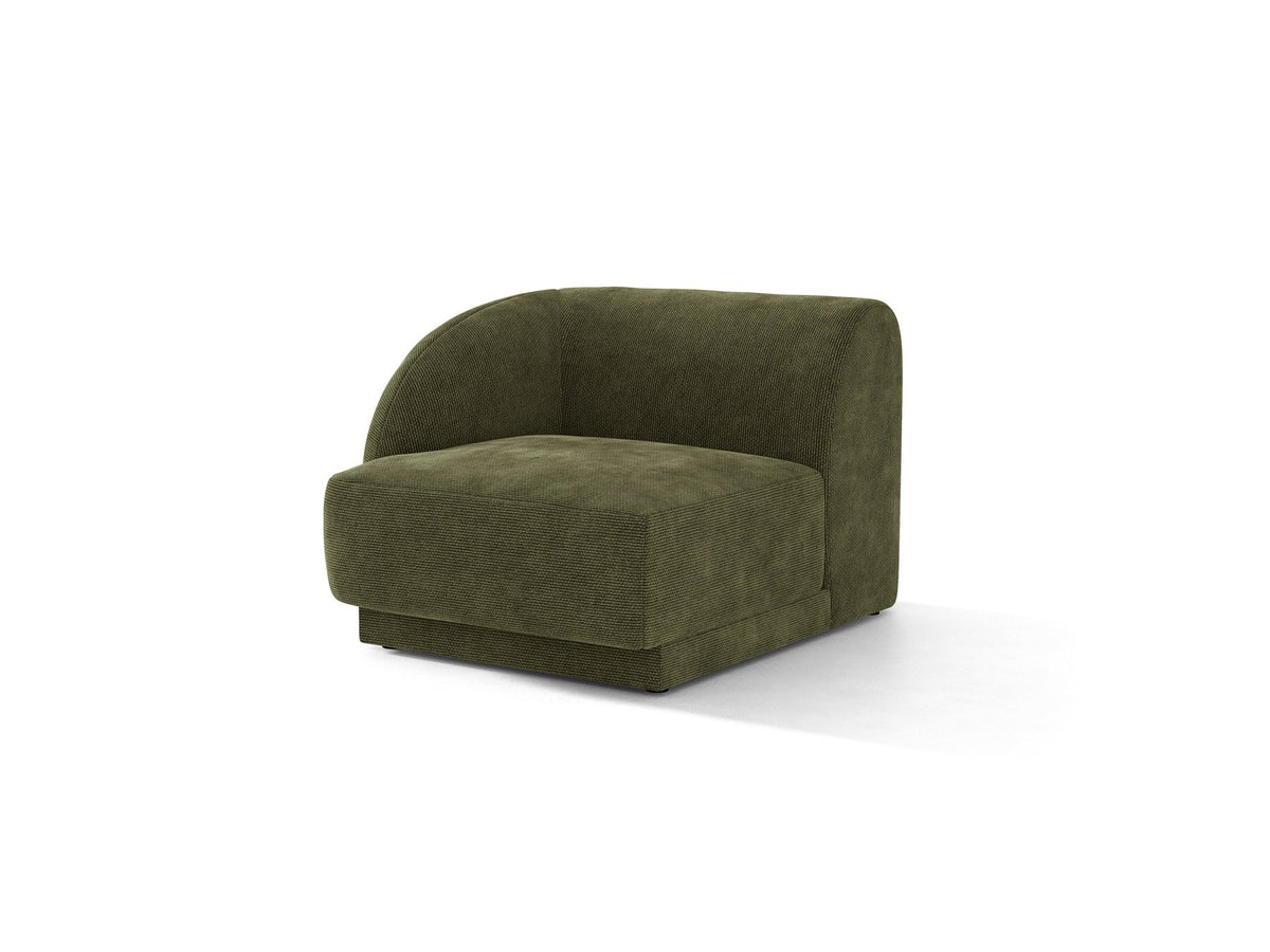 Dunkelbeiger Einsitzer aus der modularen Miley-Sofa-Serie von Micadoni, Bezug aus Bluvel-Stoff, schwarze Kunststofffüsse, kompakte quadratische Form.