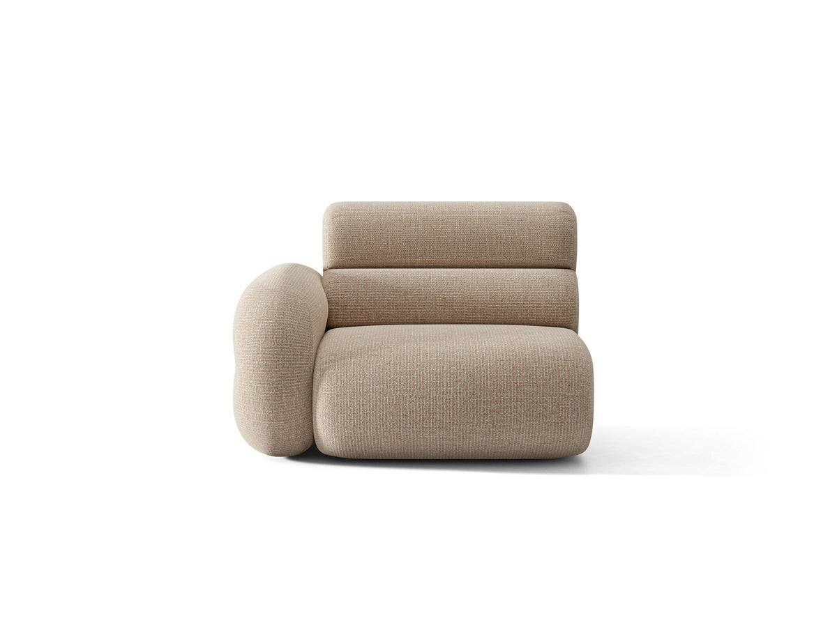 Modulares Sofa Neo von Micadoni in Dunkles olivgrün mit strukturiertem Bouclé-Stoffbezug, schwarzen Kunststoffbeinen und hoher Rückenlehne.