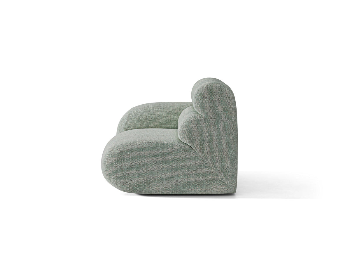 Modulares Sofa Neo von Micadoni in Dunkles olivgrün mit strukturiertem Bouclé-Stoffbezug, schwarzen Kunststoffbeinen und hoher Rückenlehne.