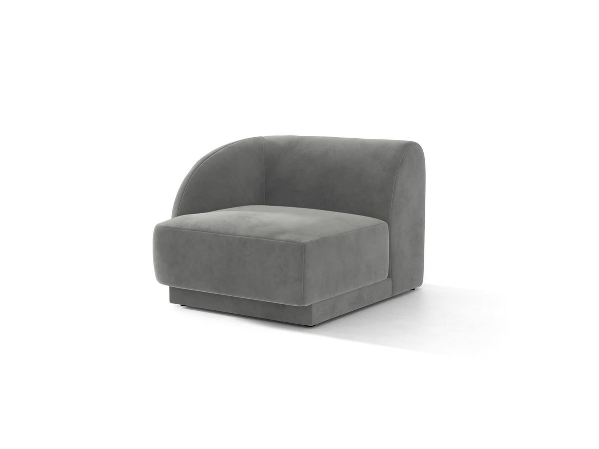 Dunkelbeiger Einsitzer aus der modularen Miley-Sofa-Serie von Micadoni, Bezug aus Bluvel-Stoff, schwarze Kunststofffüsse, kompakte quadratische Form.
