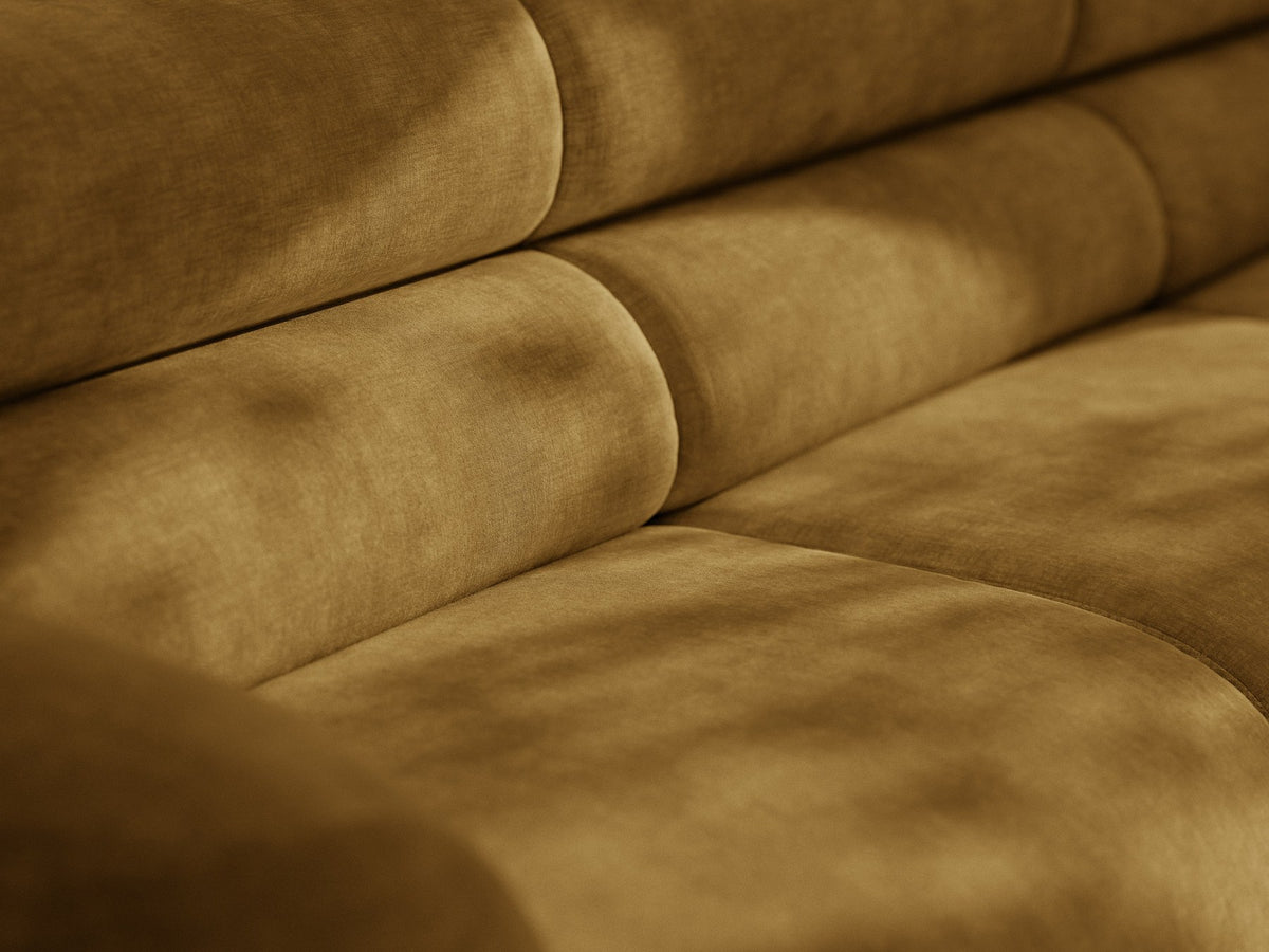 Modulares Sofa Neo von Micadoni in Dunkles olivgrün mit strukturiertem Bouclé-Stoffbezug, schwarzen Kunststoffbeinen und hoher Rückenlehne.