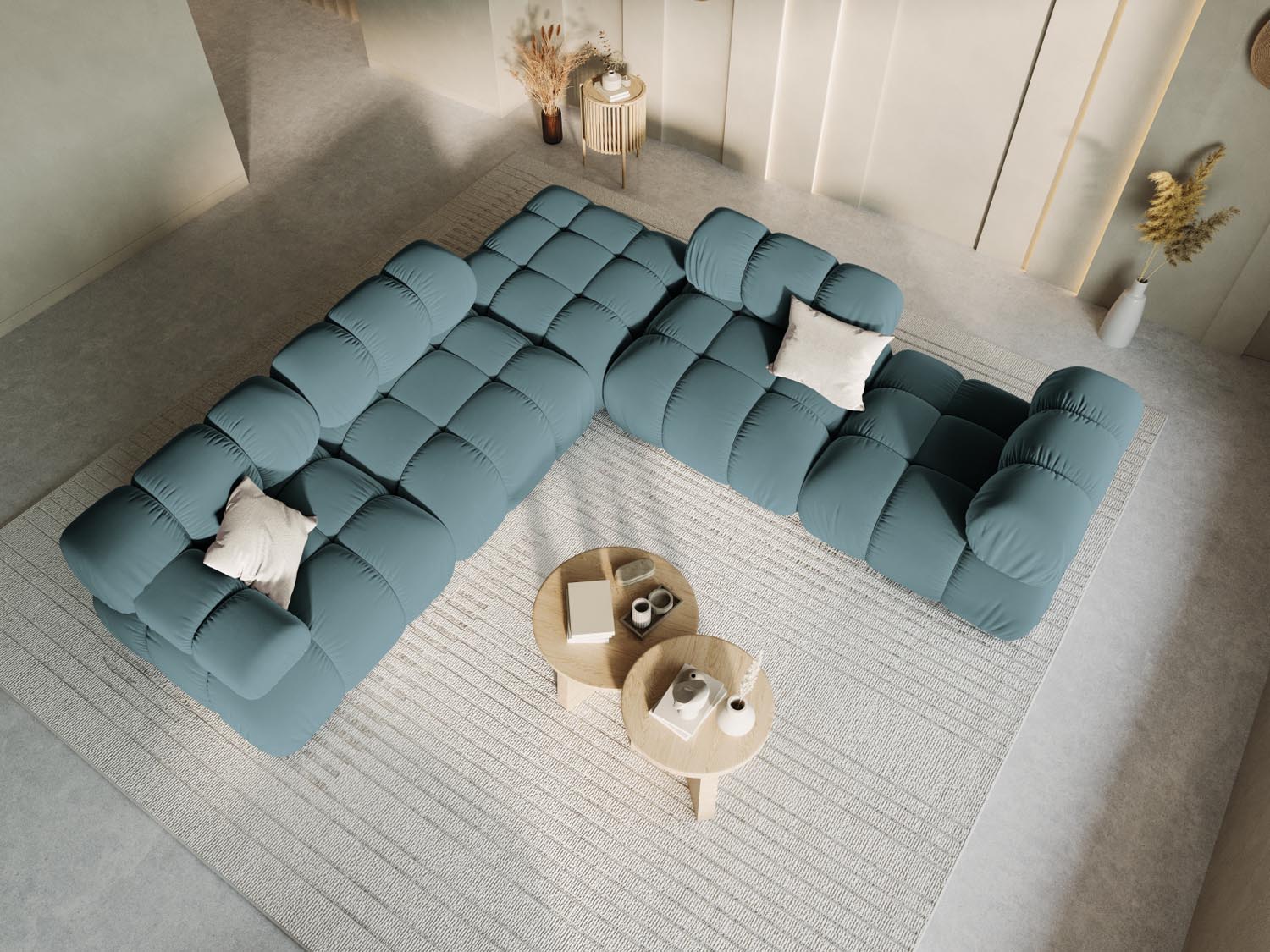 Elegantes Bellis Velour Modul links 1 Sitzer in Türkis, Teil des modularen Sofas von Micadoni, stilvoll in einem modernen Wohnambiente inszeniert.