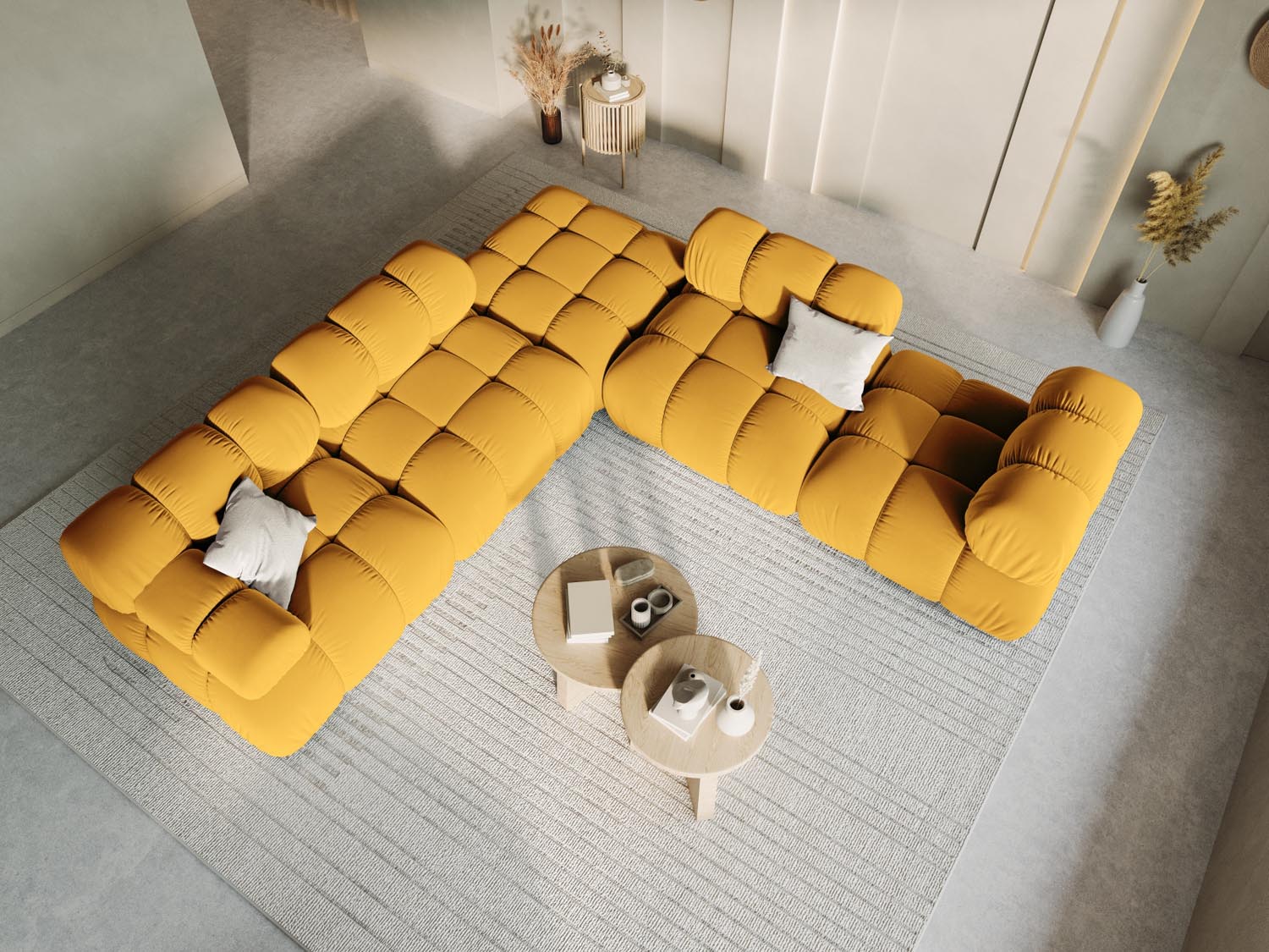 Elegantes Bellis Velour Modul links 1 Sitzer in stilvollem Gelb-Blau, ideal für moderne Wohnräume und vielseitige Sofa-Arrangements.